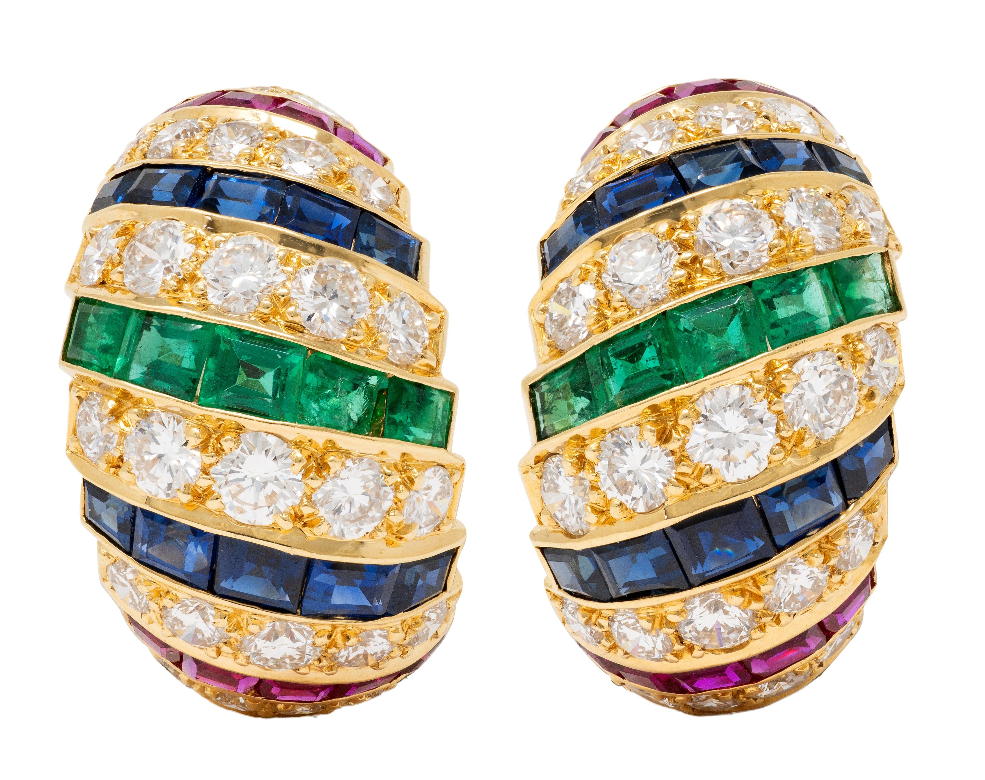 Cartier 1980's Diamond Multi-Gem 18K Gold Vintage Domed Turban Earrings