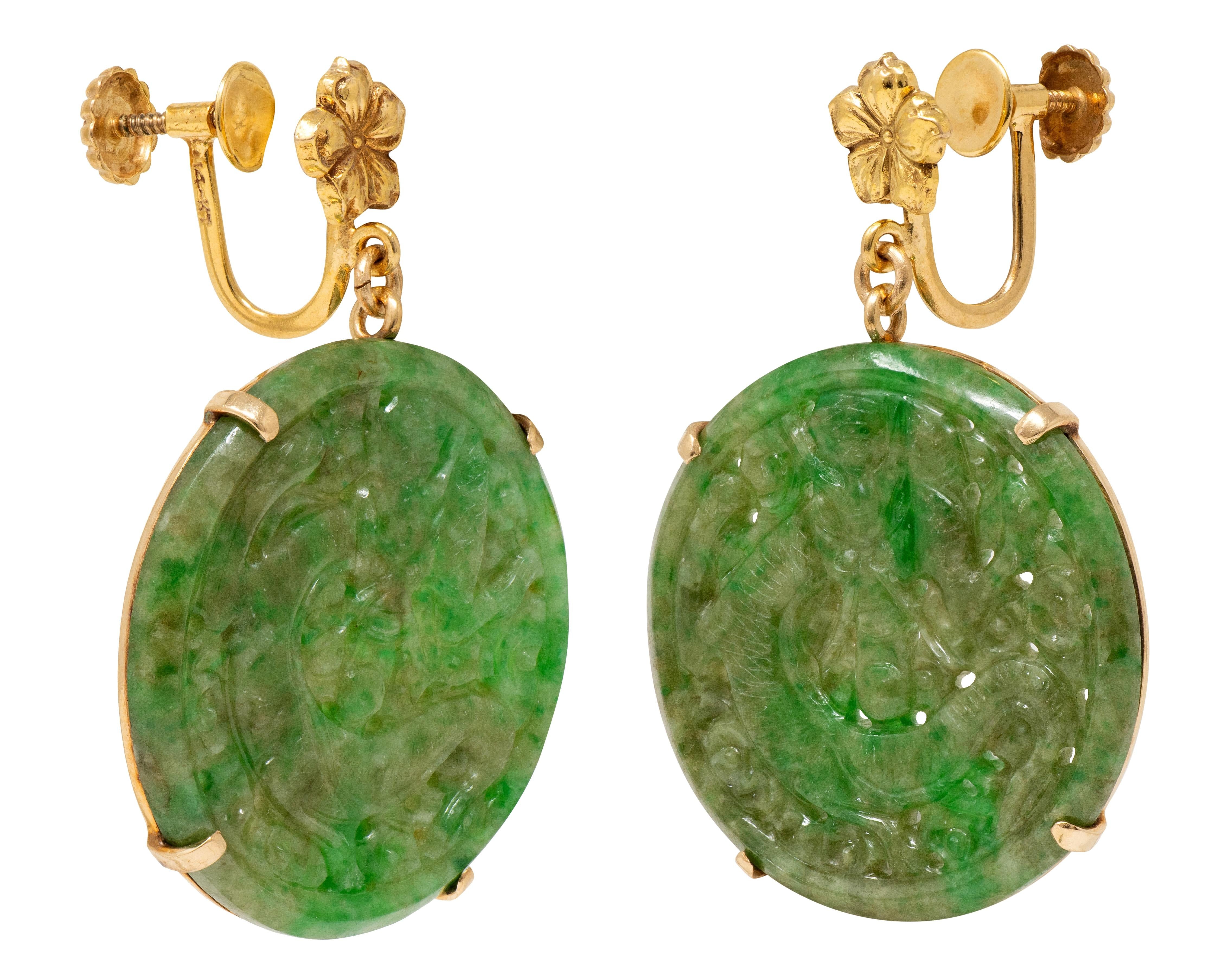 1930's Nephrite Jade 14K Gold Antique Floral Dragon Screw-Back Earrings