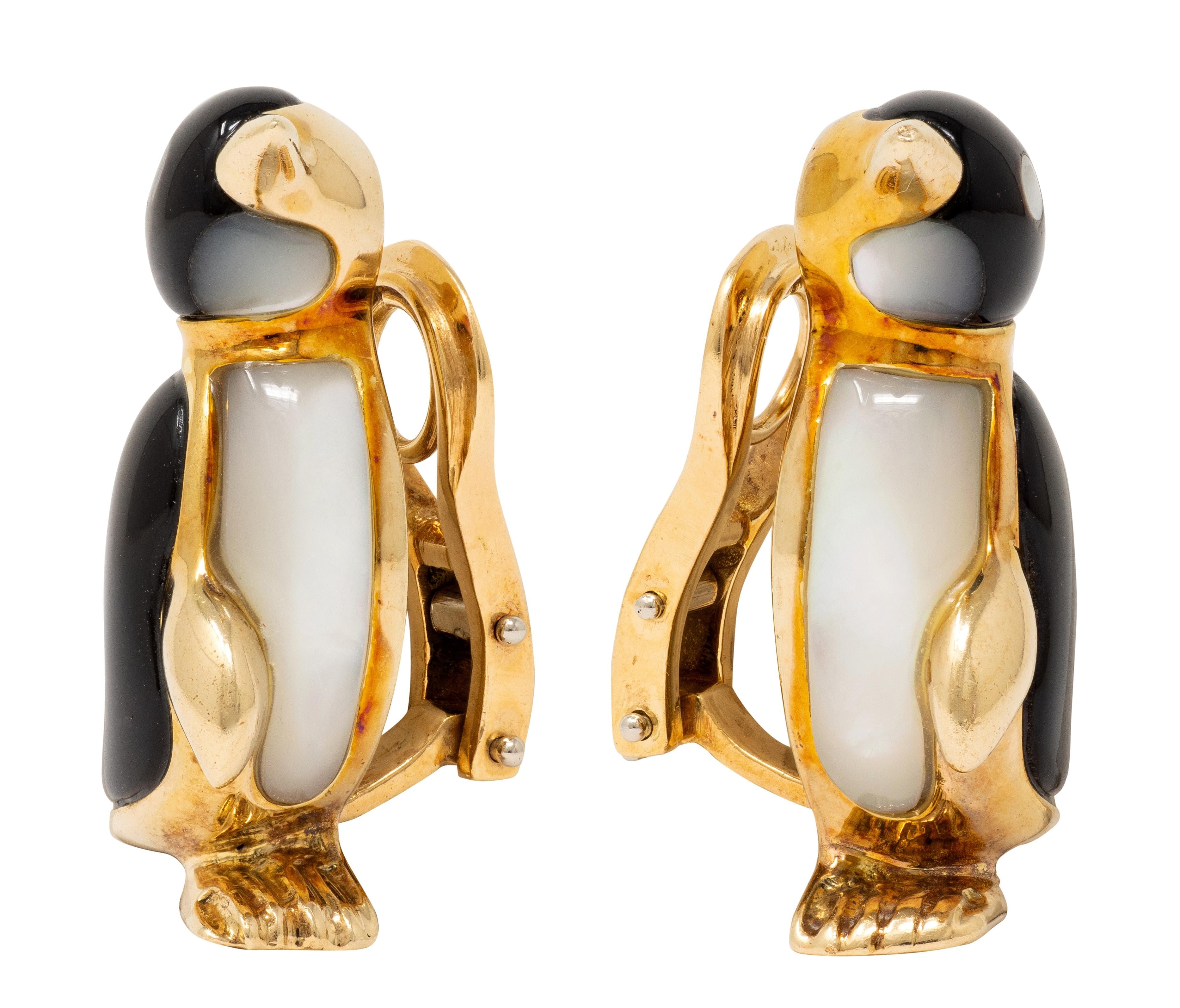 Ash Grossbardt 1980's 14 Karat Yellow Gold Vintage Penguin Ear-Clip Earrings