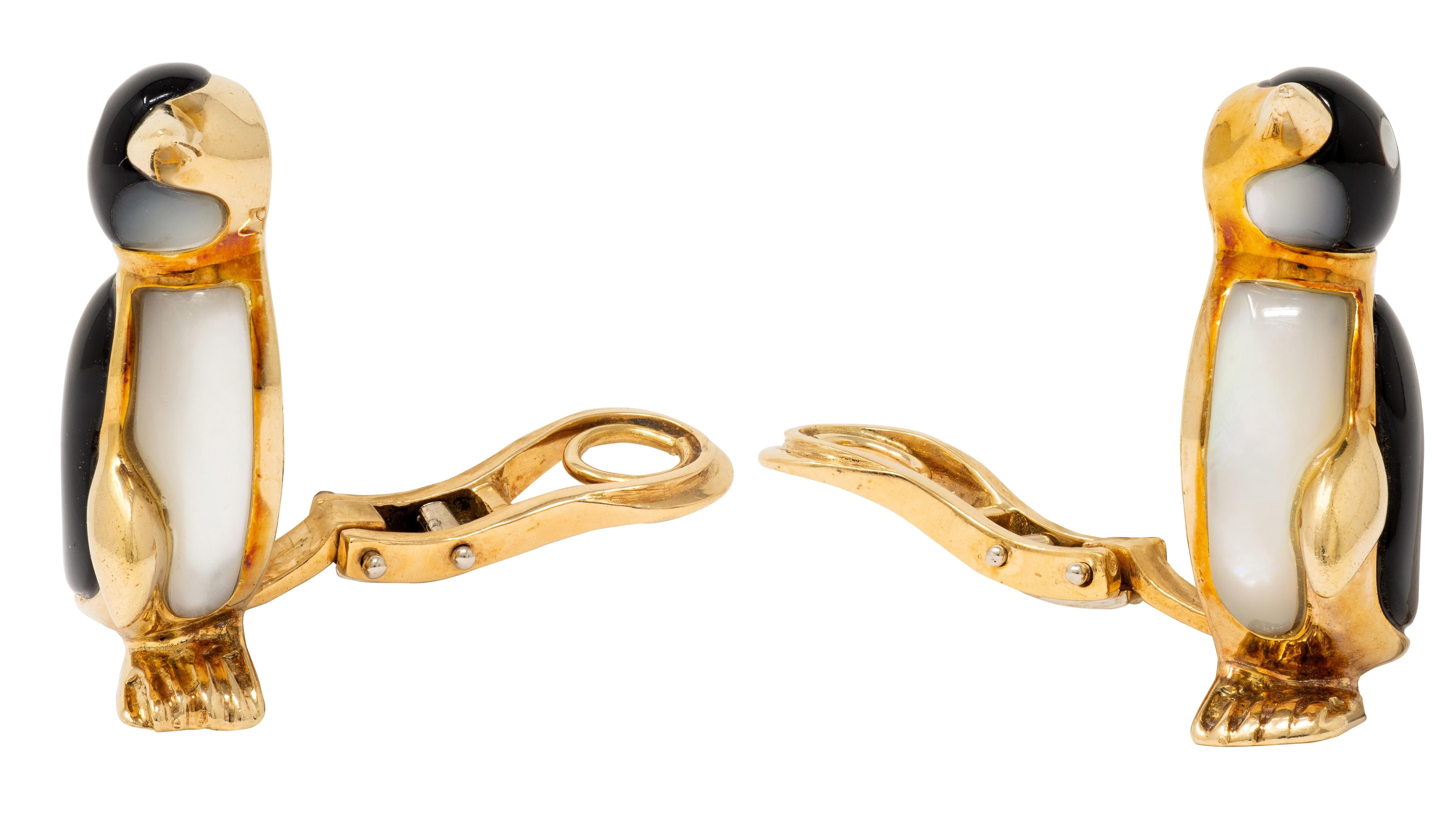 Ash Grossbardt 1980's 14 Karat Yellow Gold Vintage Penguin Ear-Clip Earrings