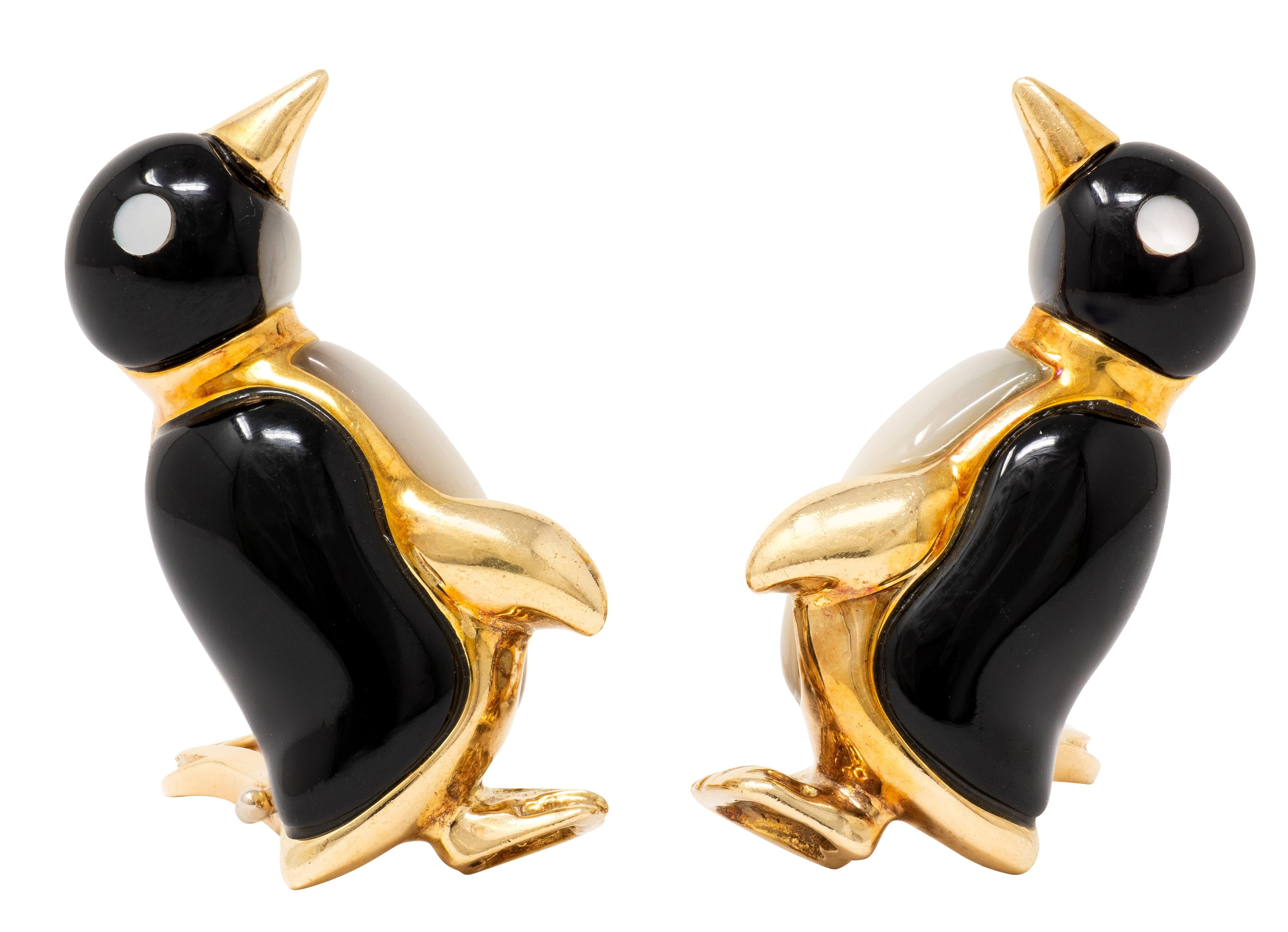Ash Grossbardt 1980's 14 Karat Yellow Gold Vintage Penguin Ear-Clip Earrings