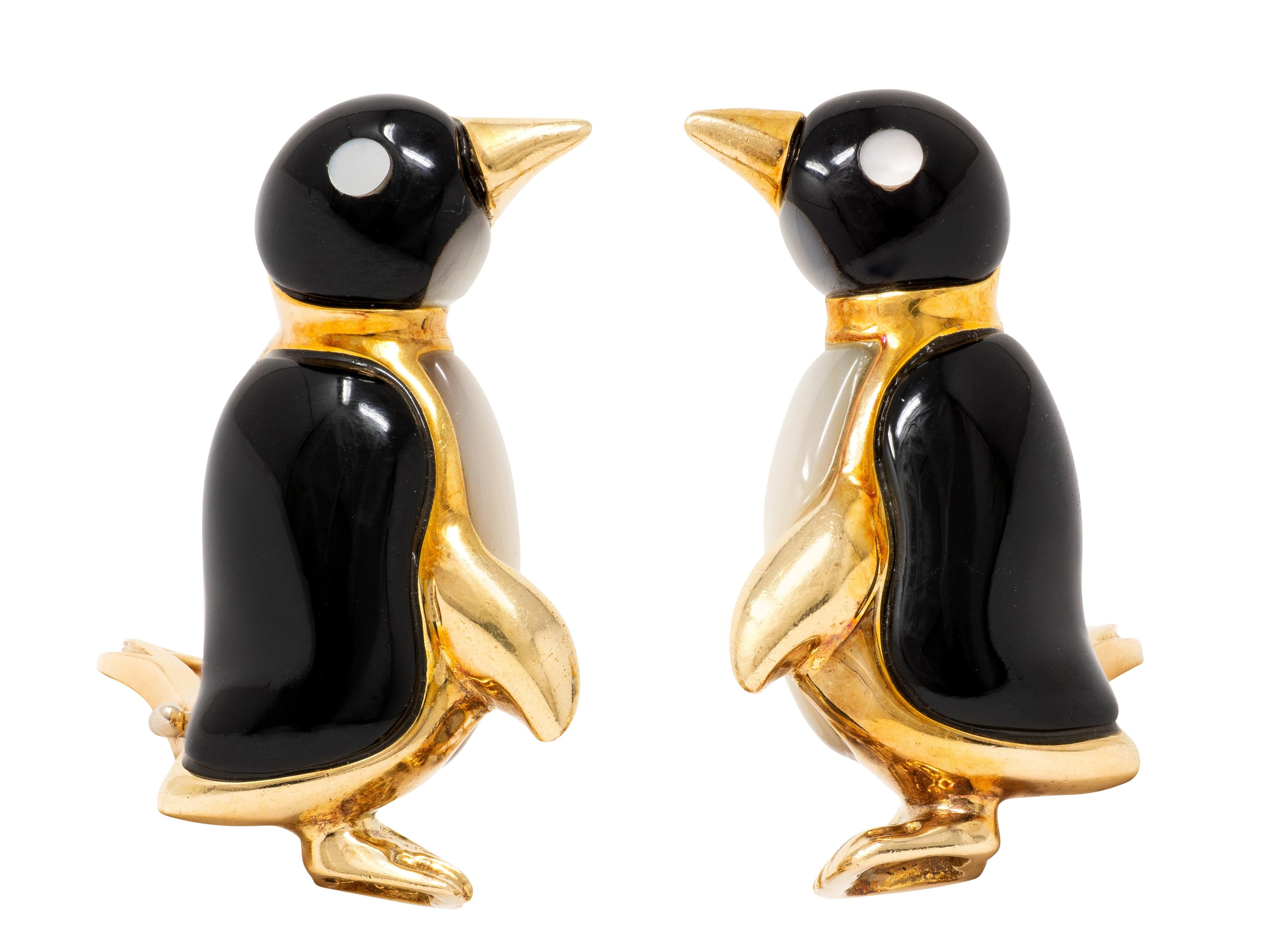 Ash Grossbardt 1980's 14 Karat Yellow Gold Vintage Penguin Ear-Clip Earrings