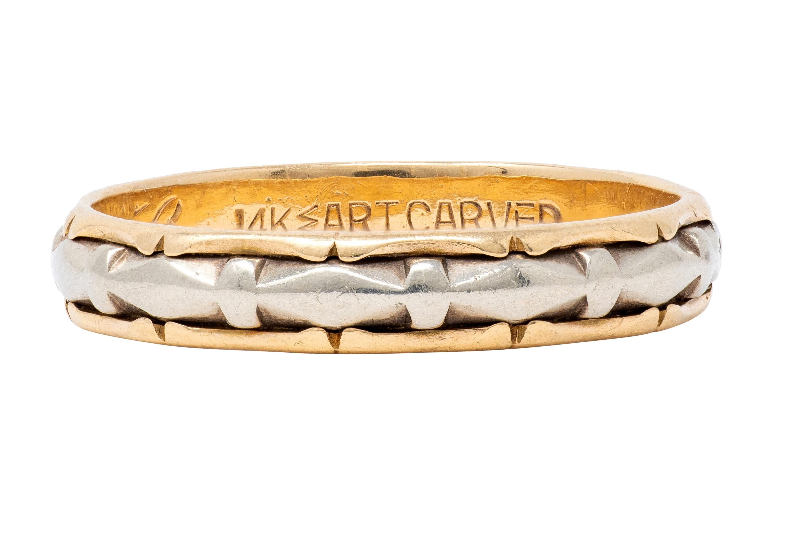 J.R. Woods & Sons 1953 14 Karat Two-Tone Gold Vintage Grooved Wedding Band Ring