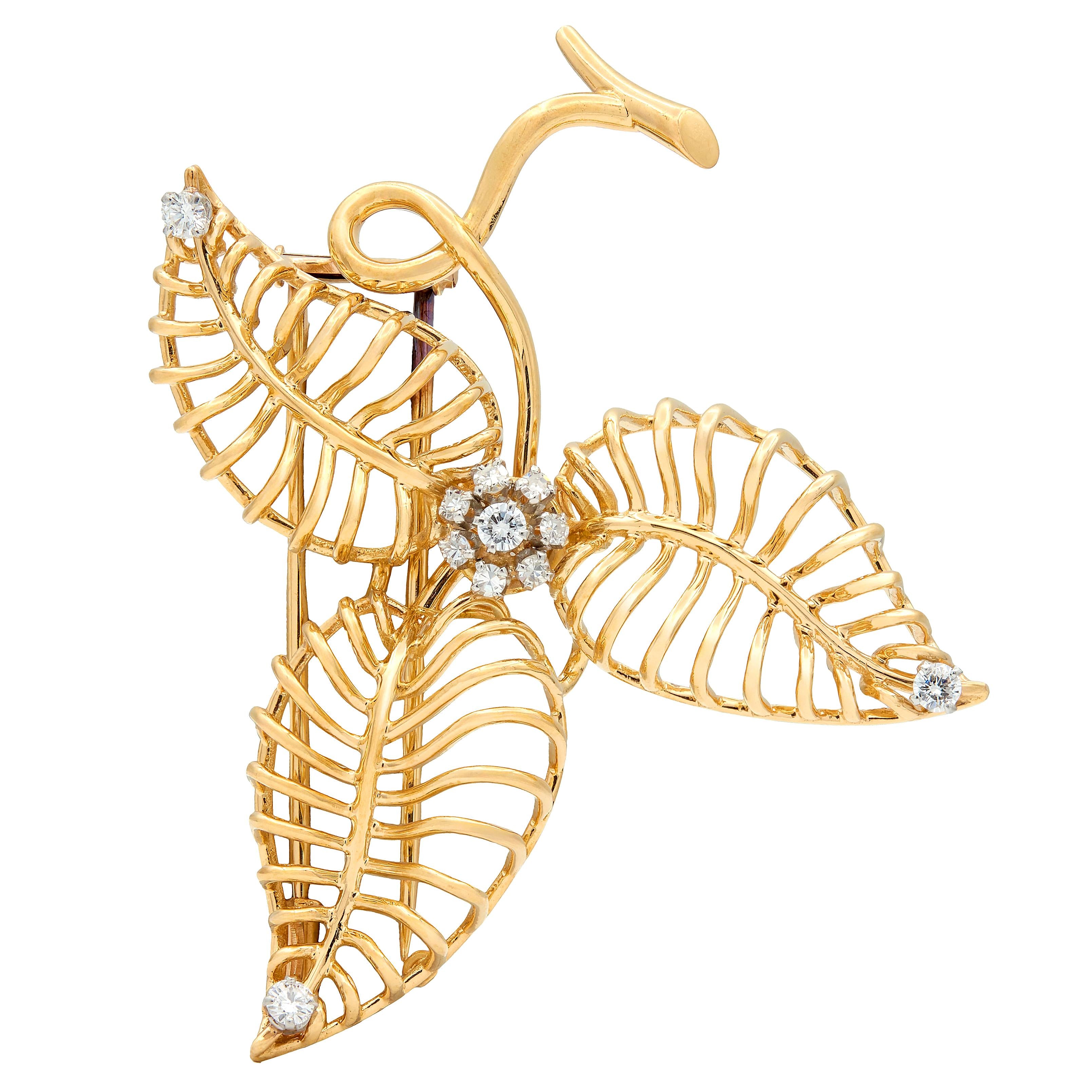Boucheron Paris 1950's Diamond 18K Gold Platinum Vintage Wire Flower Brooch