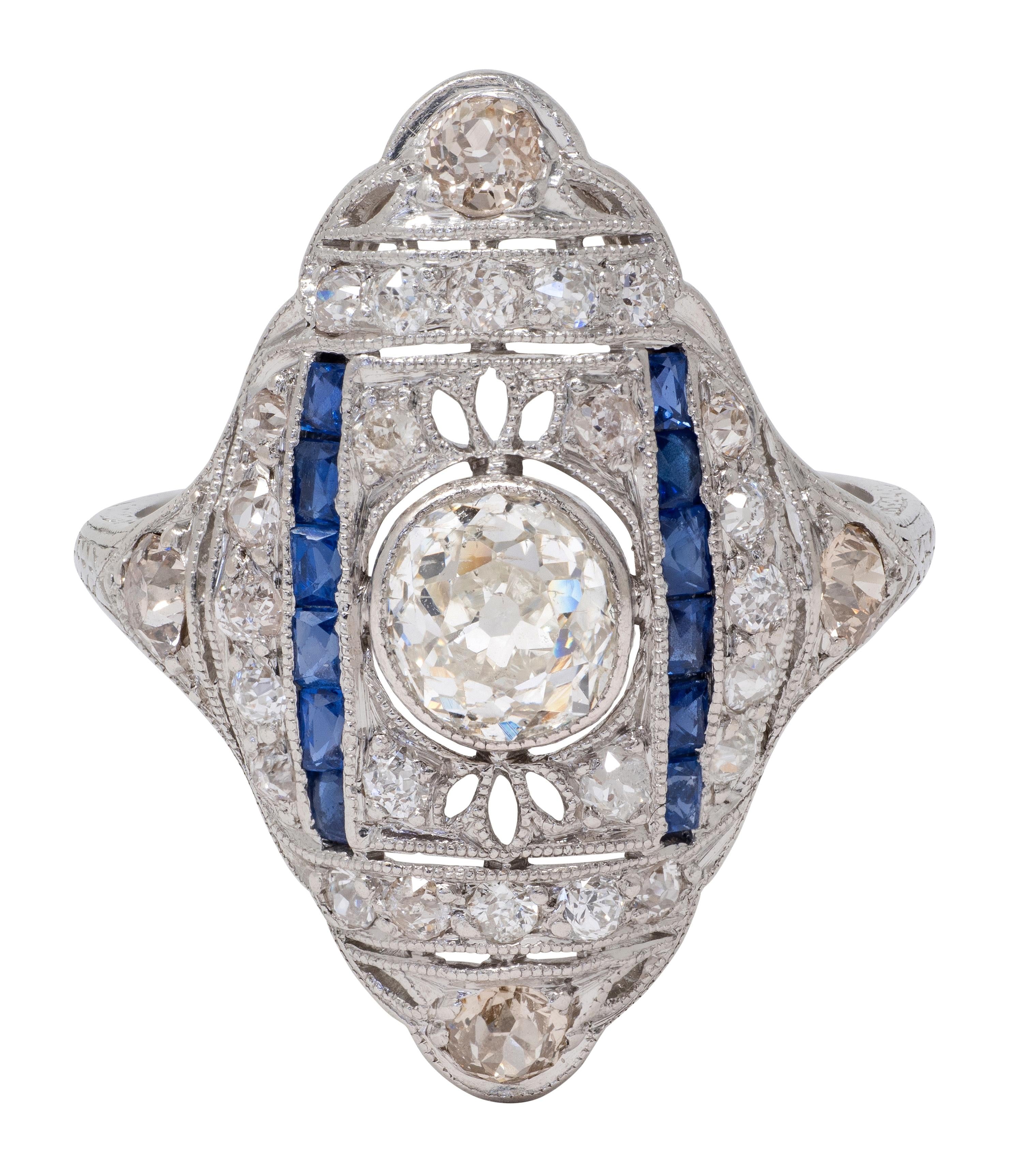 Art Deco 2.33 CTW Diamond Sapphire Platinum Vintage Foliate Navette Dinner Ring