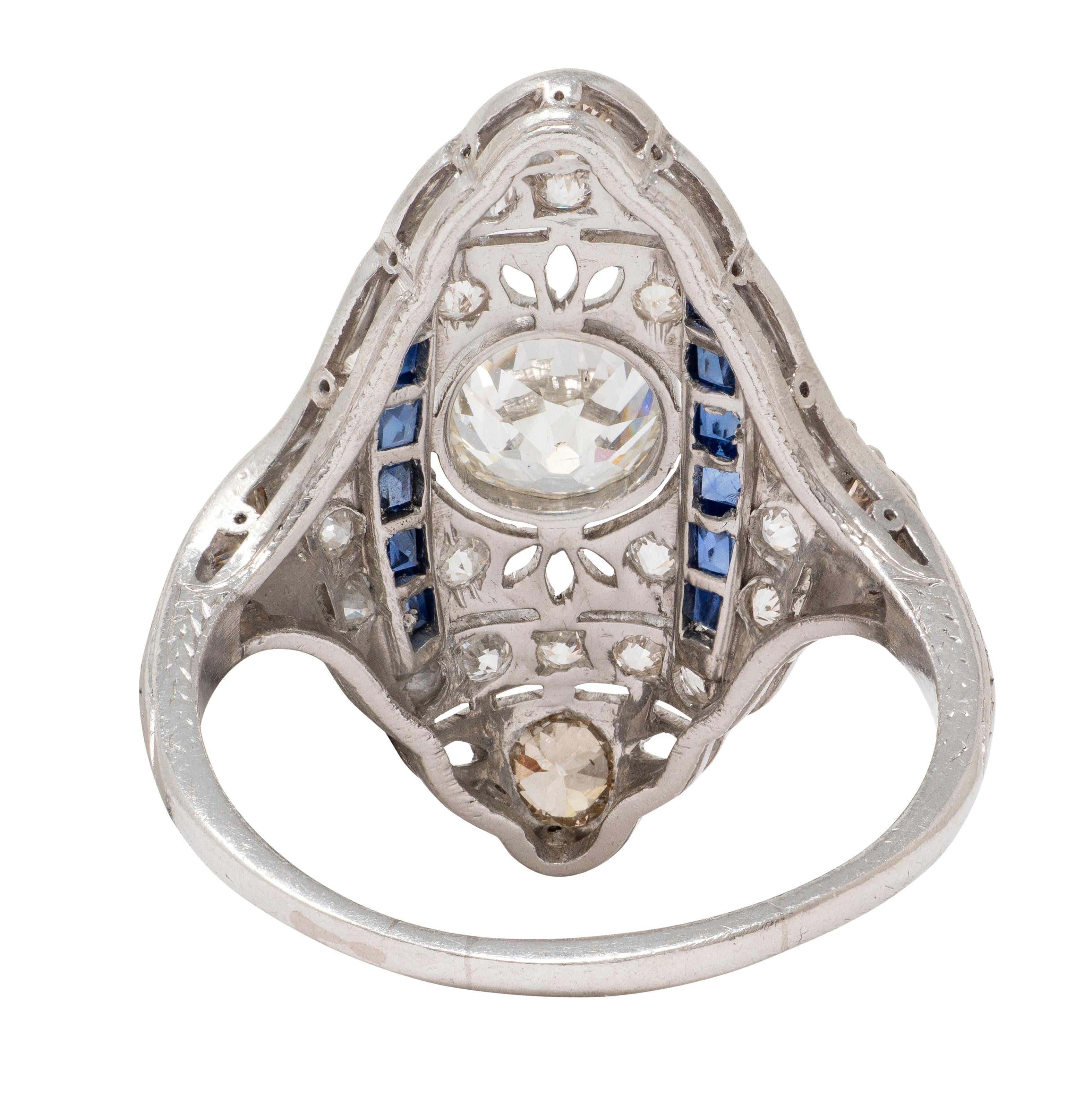 Art Deco 2.33 CTW Diamond Sapphire Platinum Vintage Foliate Navette Dinner Ring