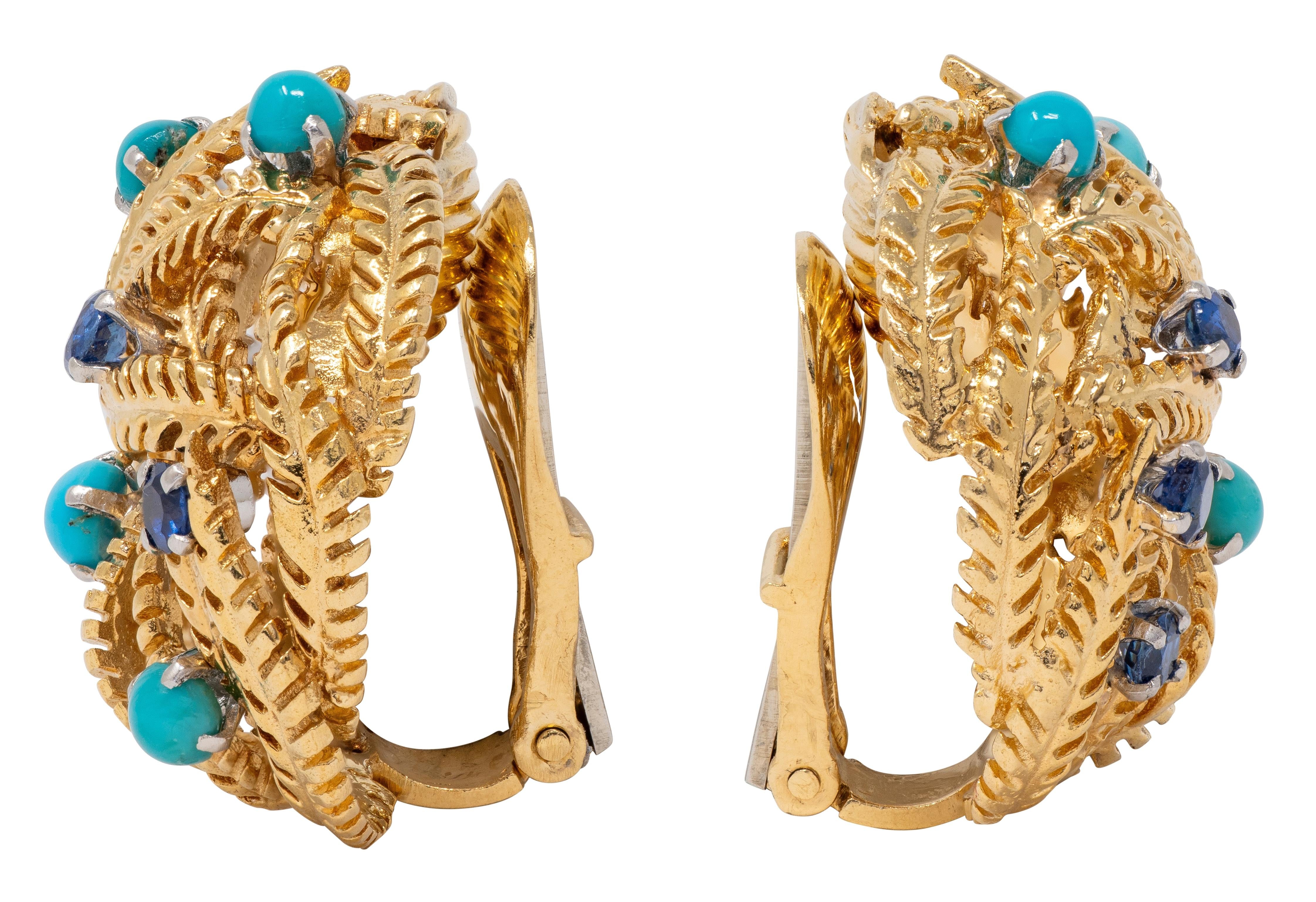 David Webb 1960's Sapphire Turquoise 18K Gold Platinum Feather Ear-Clip Earrings