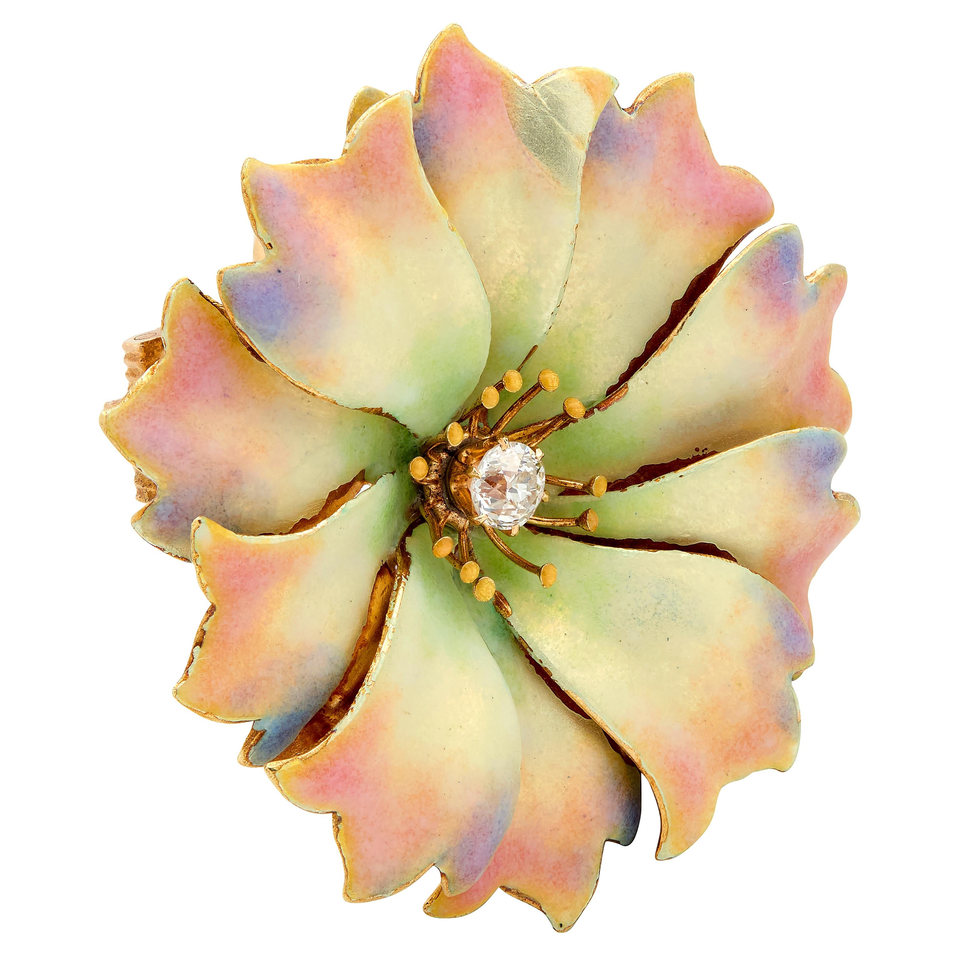 Hedges & Co. Art Nouveau Diamond Enamel 14K Gold Antique Flower Pendant Brooch
