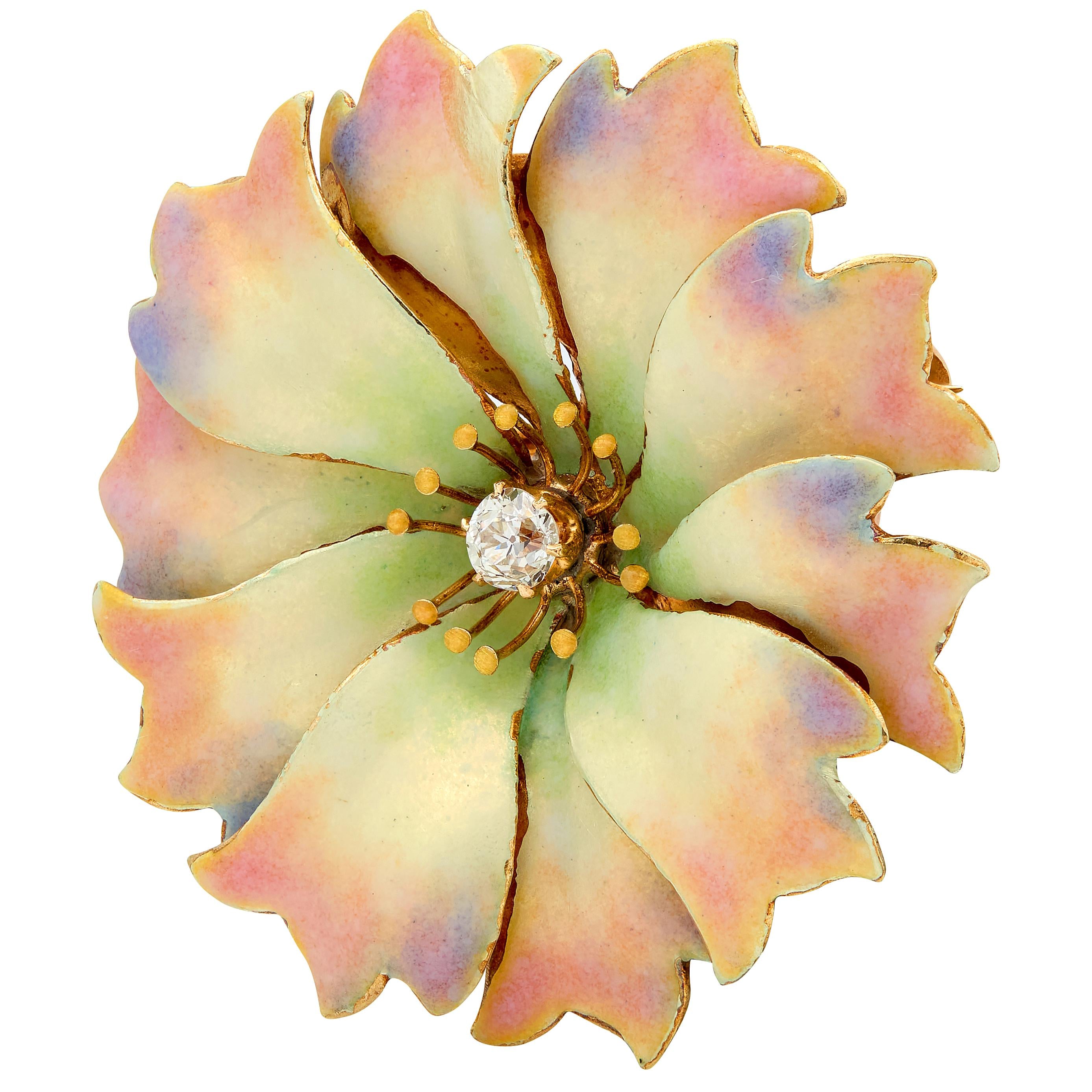 Hedges & Co. Art Nouveau Diamond Enamel 14K Gold Antique Flower Pendant Brooch