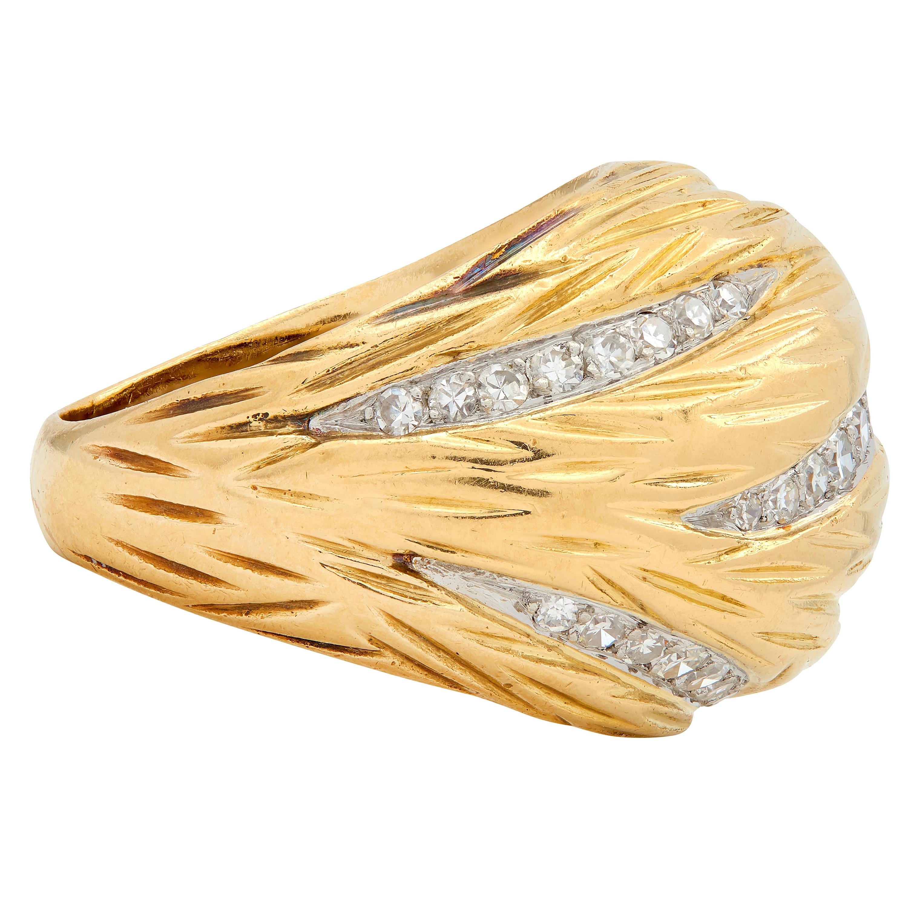 Mauboussin Paris 1960's Diamond 18 Karat Yellow Gold Platinum Vintage Dome Ring