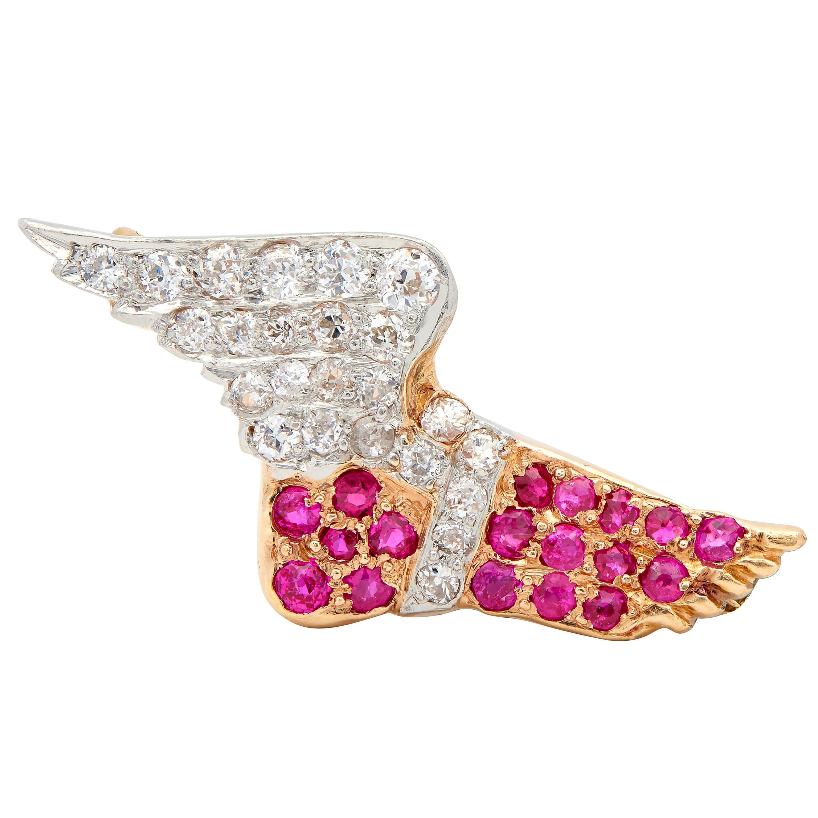Edwardian Ruby Diamond 14 Karat Gold Platinum Antique Winged Hermes Foot Brooch