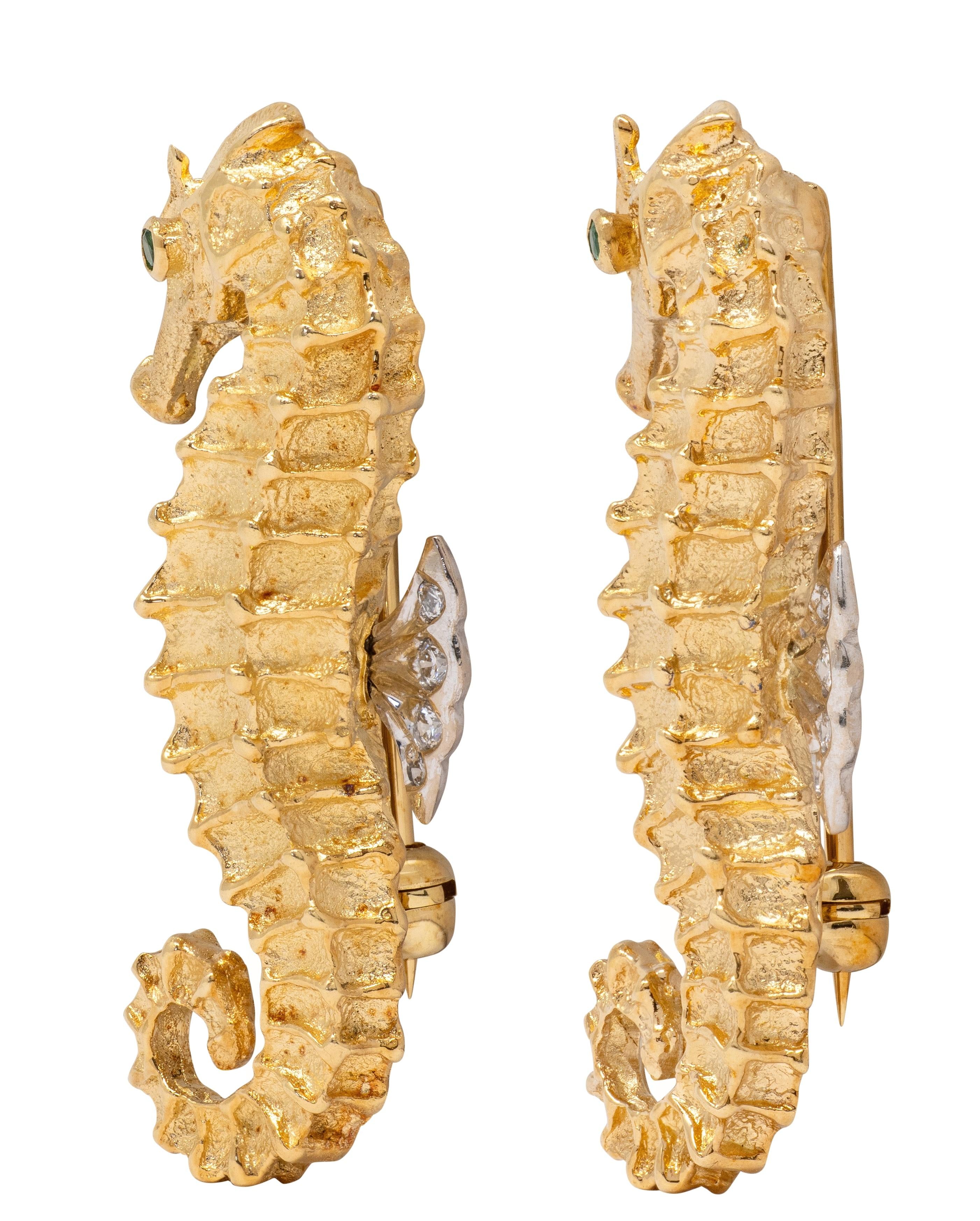 Tiffany & Co. 1991 Emerald Diamond 18K Two-Tone Gold Vintage Seahorse Brooch Set