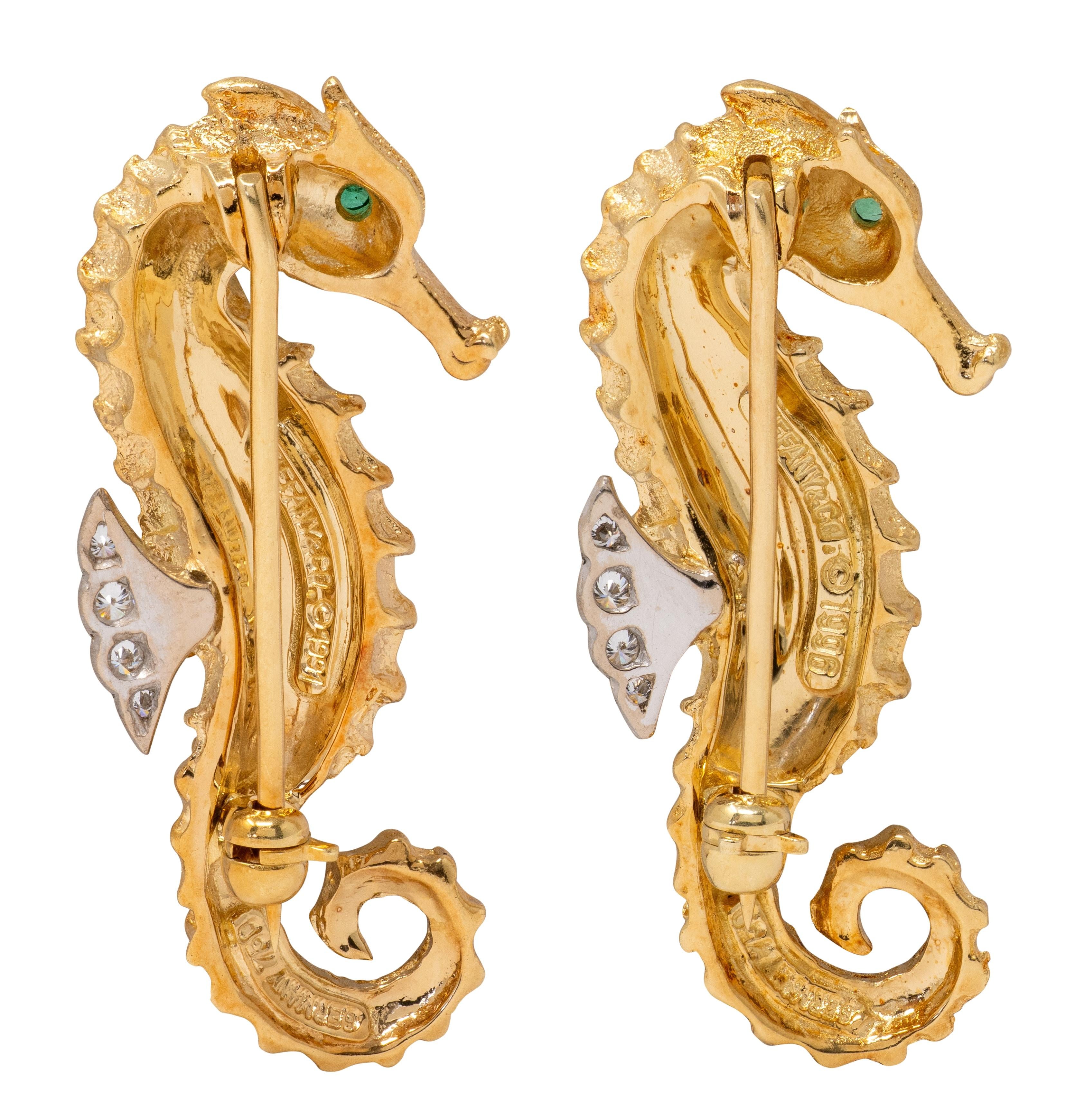 Tiffany & Co. 1991 Emerald Diamond 18K Two-Tone Gold Vintage Seahorse Brooch Set