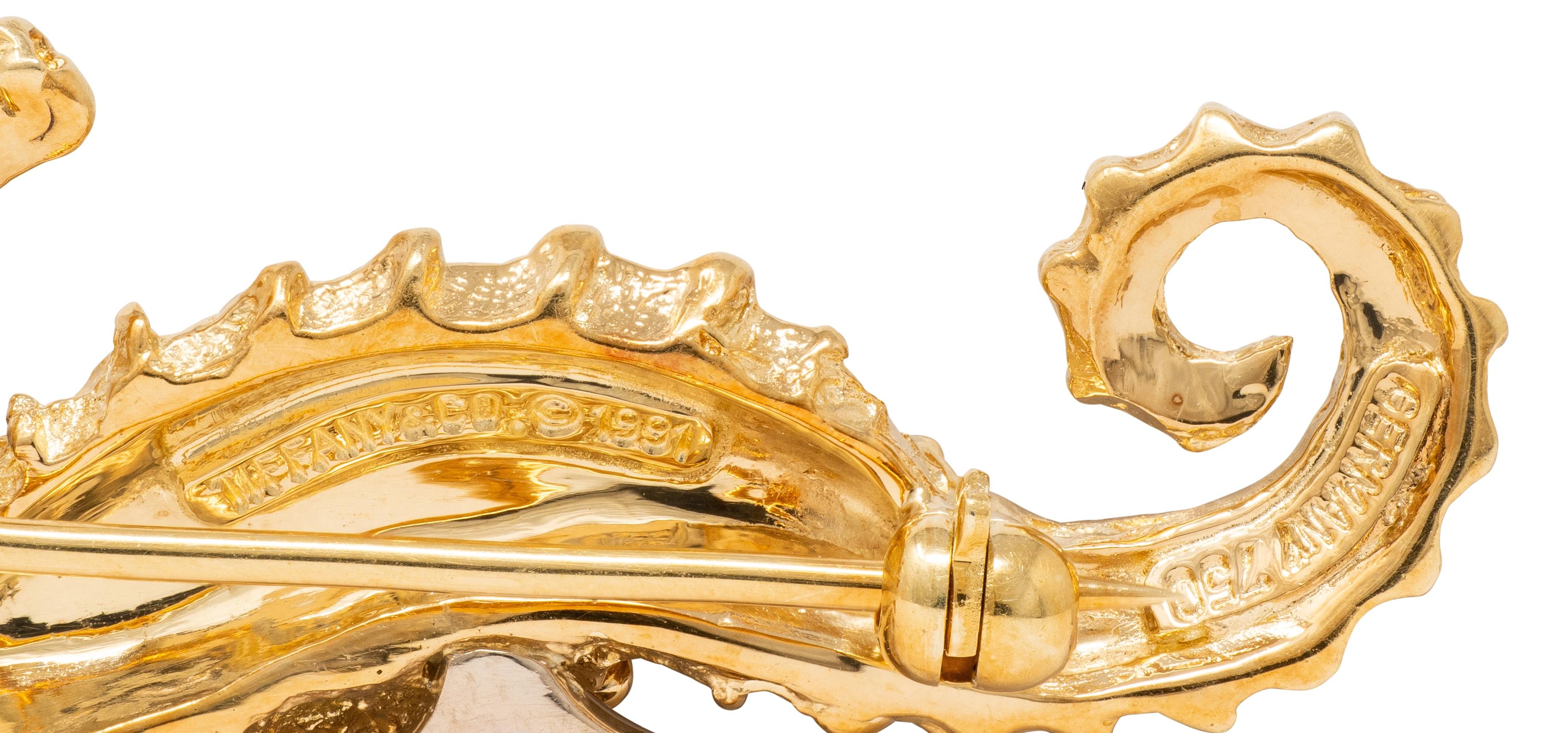 Tiffany & Co. 1991 Emerald Diamond 18K Two-Tone Gold Vintage Seahorse Brooch Set