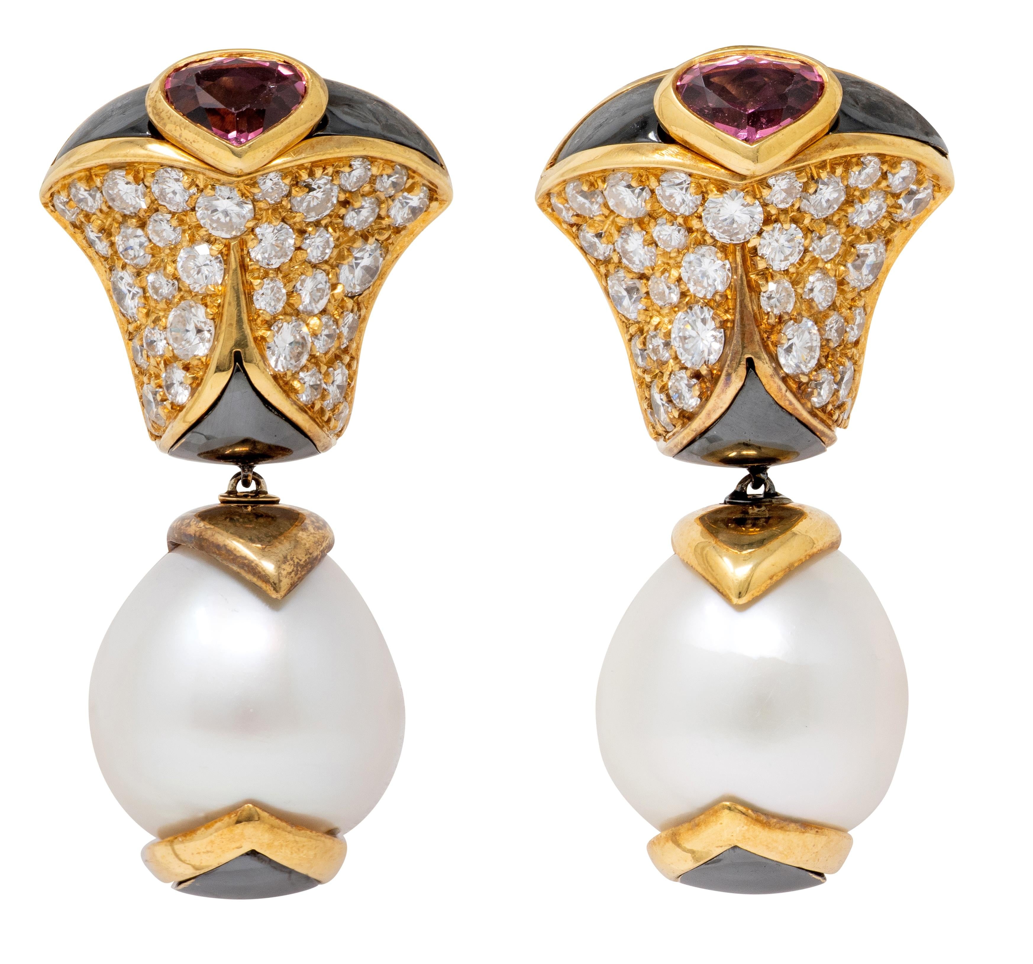Marina B. 1986 Pearl Tourmaline Hematite 18K Gold Vintage Drop Ear-Clip Earrings