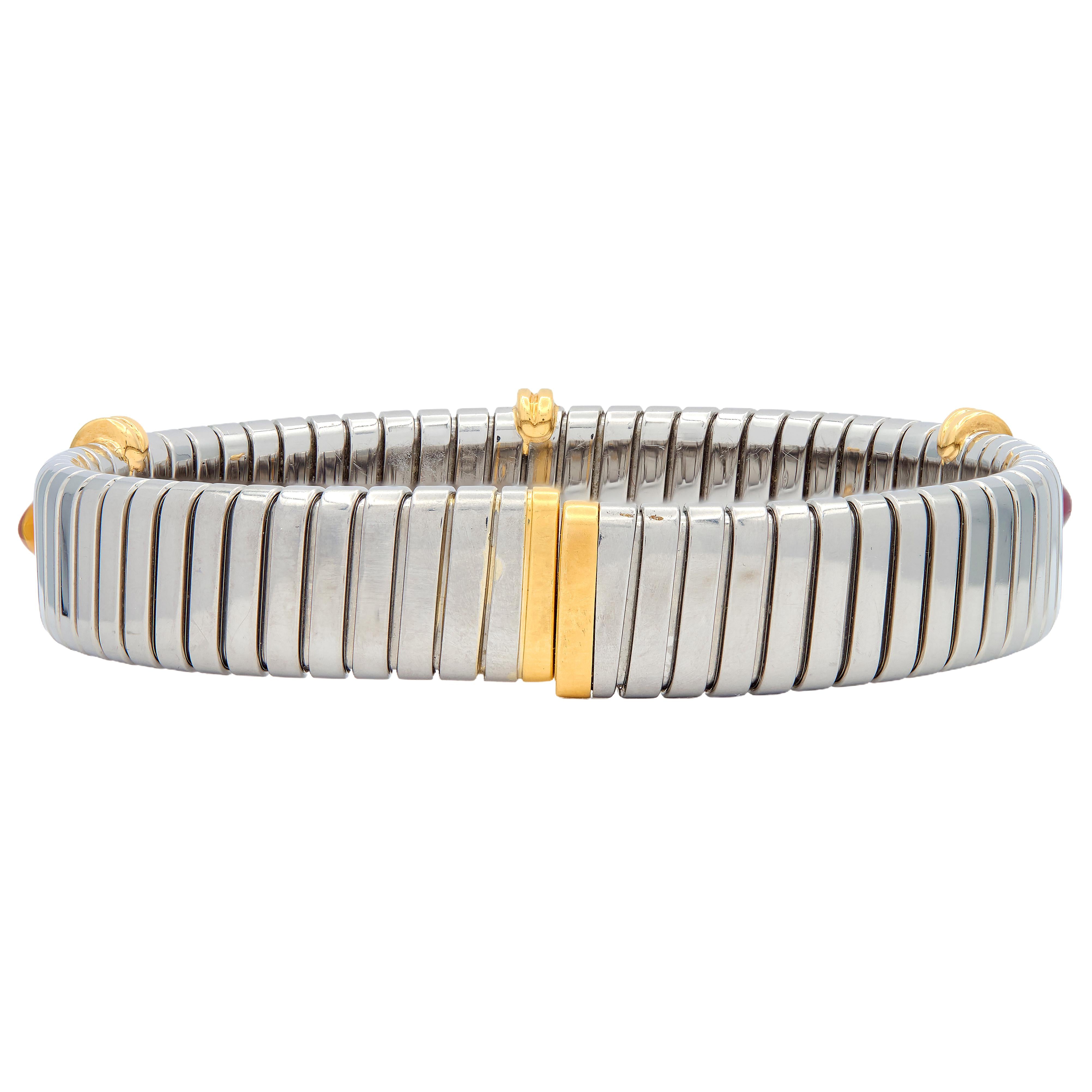Bulgari 1980's Multi-Gem 18K Yellow Gold Steel Vintage Tubogas Cuff Bracelet