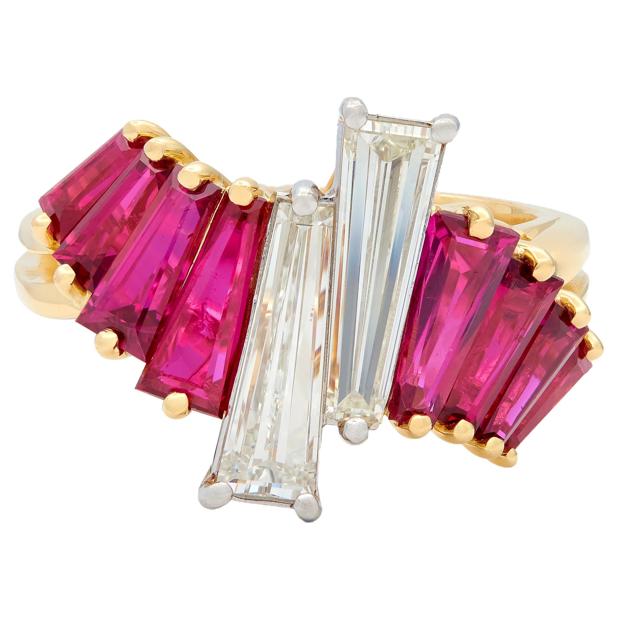 Oscar Heyman 1980's Diamond Ruby 18K Yellow Gold Platinum Vintage Bypass Ring