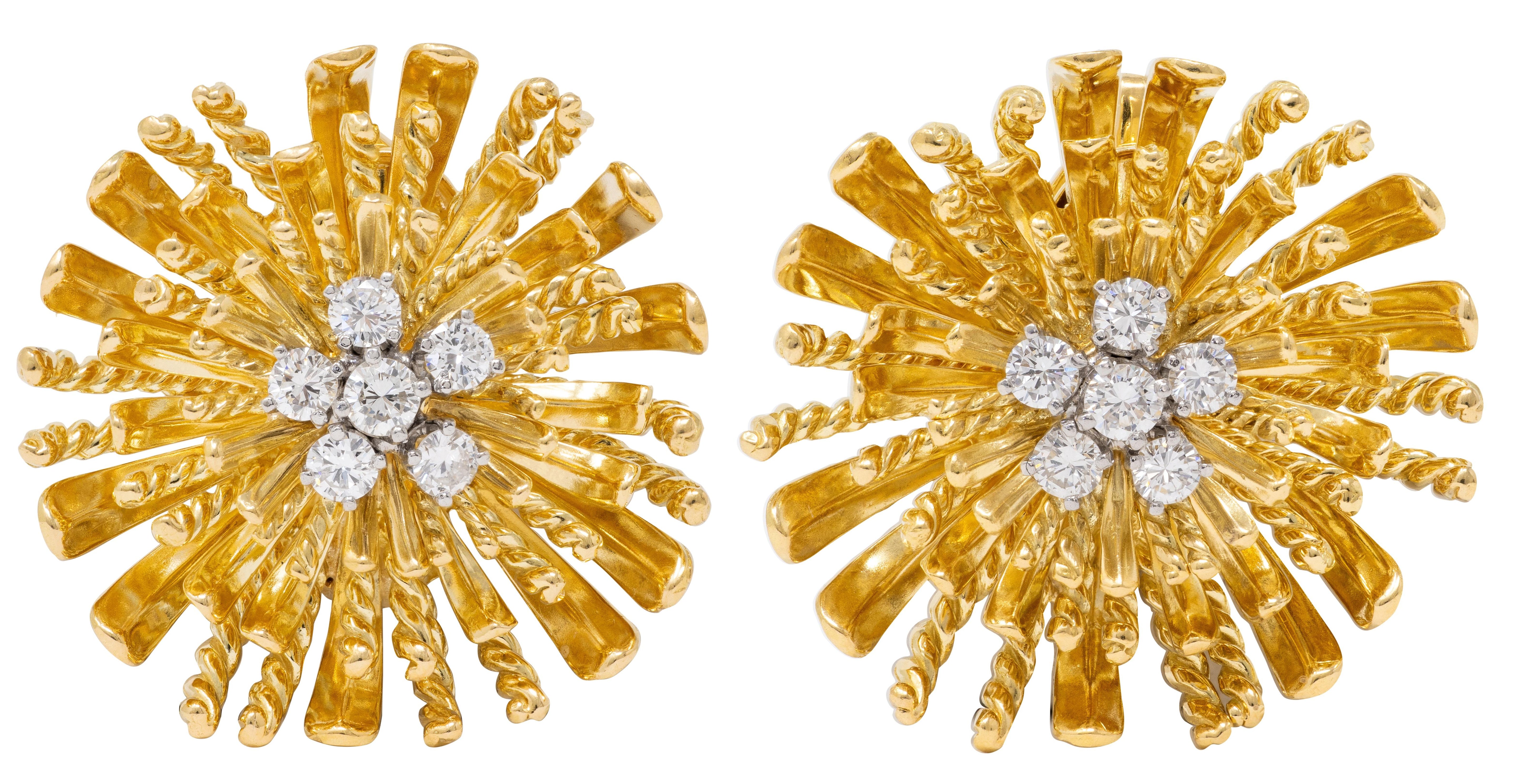 Cartier 1960's Diamond 18K Gold Platinum Vintage Rope Flower Ear-Clip Earrings