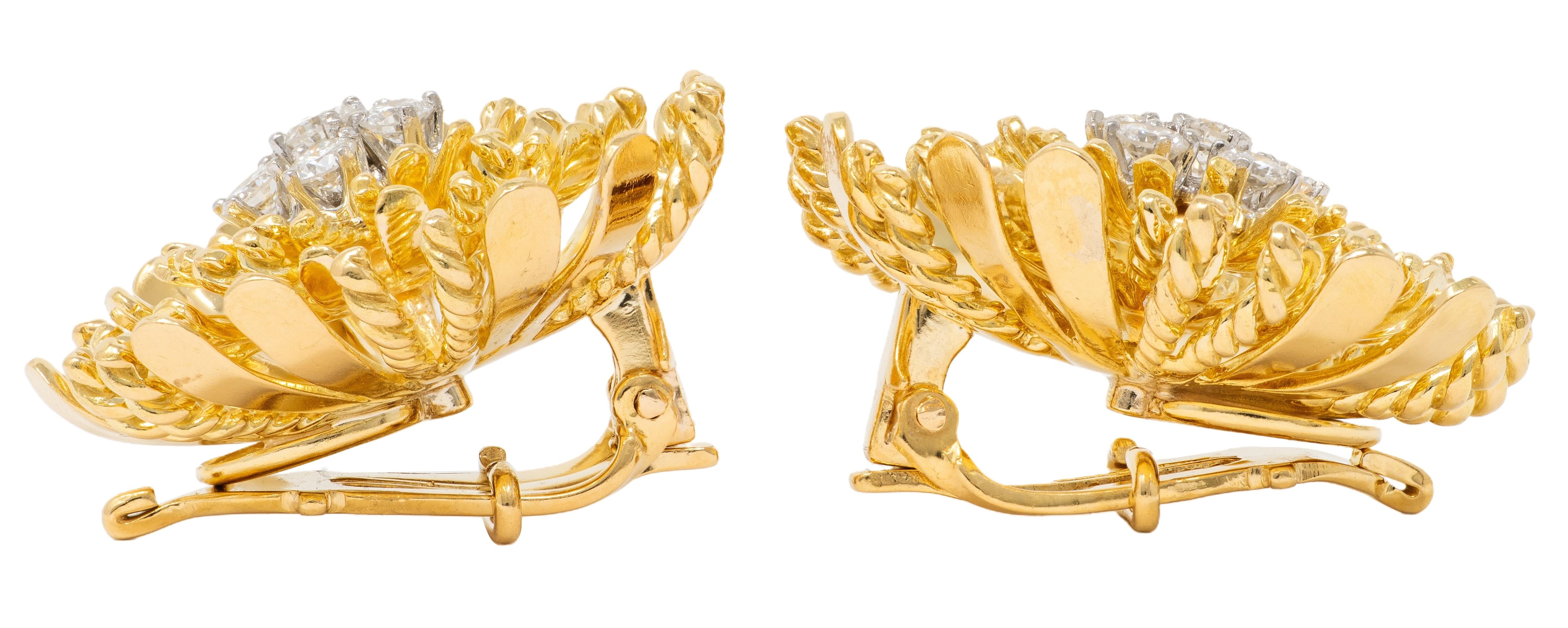 Cartier 1960's Diamond 18K Gold Platinum Vintage Rope Flower Ear-Clip Earrings