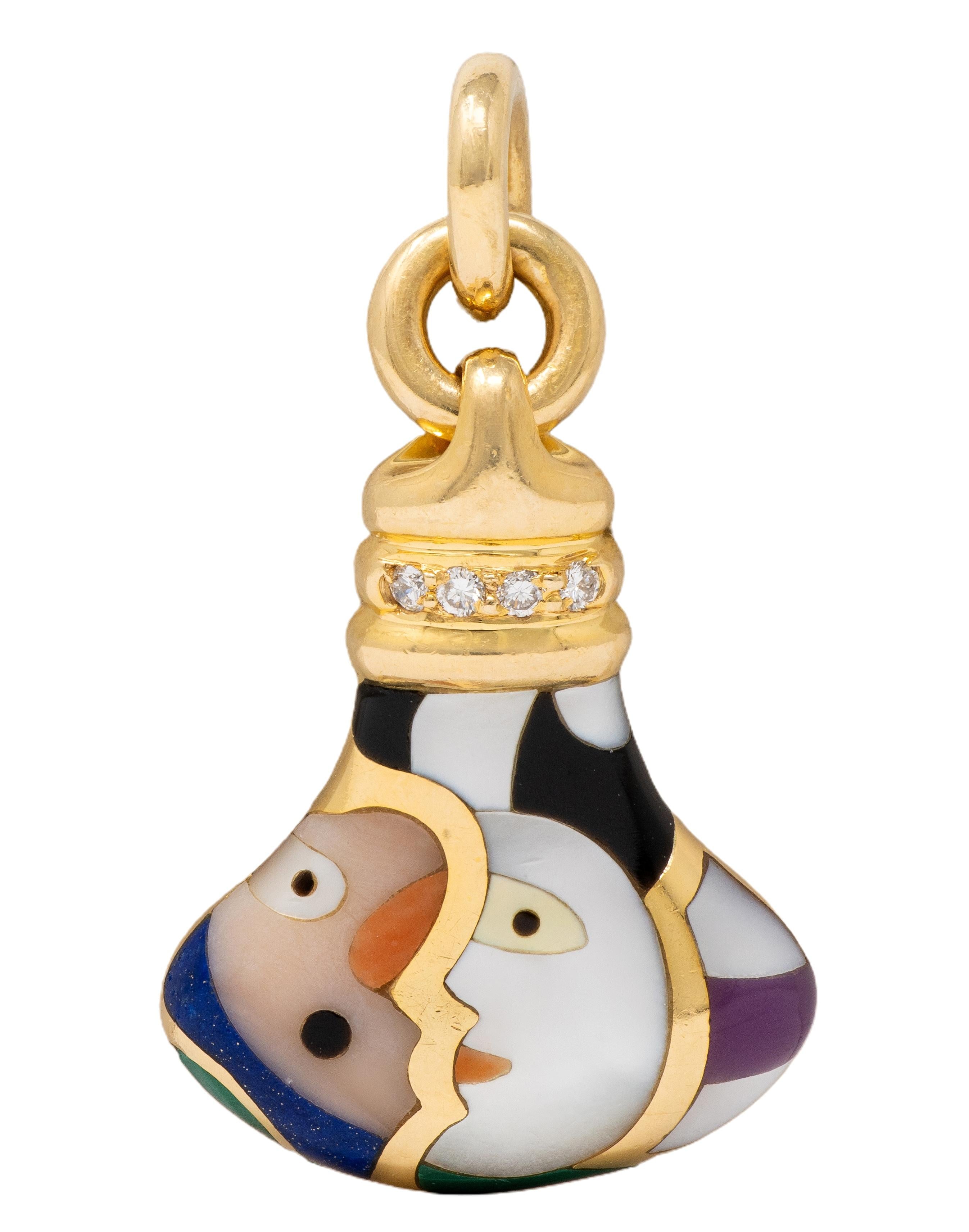 Asch Grossbardt 1980's Diamond Multi-Gem 14K Gold Vintage Moon Inlay Charm