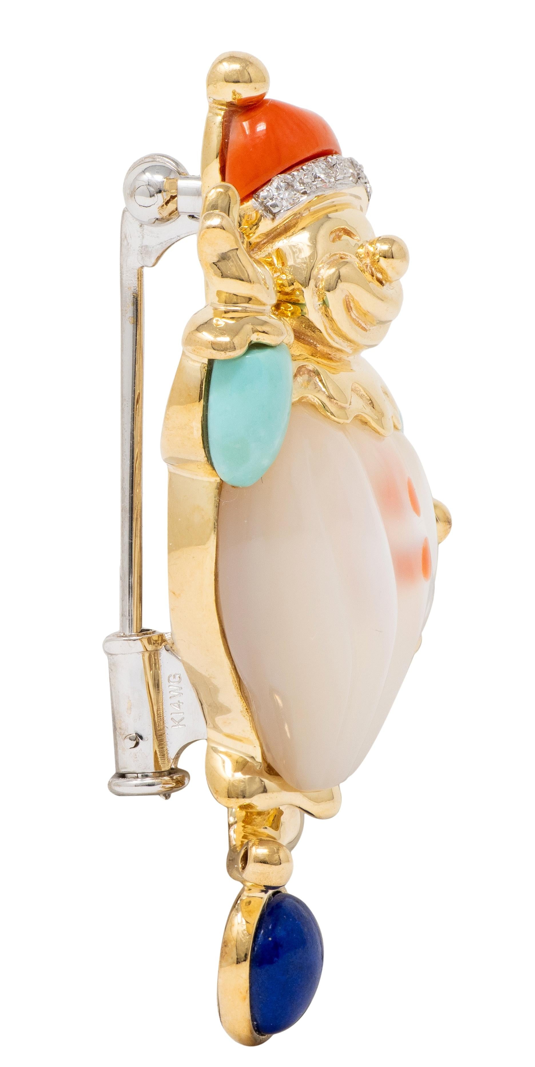 Asch Grossbardt 1980's Multi-Gem Diamond 14K Gold Vintage Inlay Clown Brooch