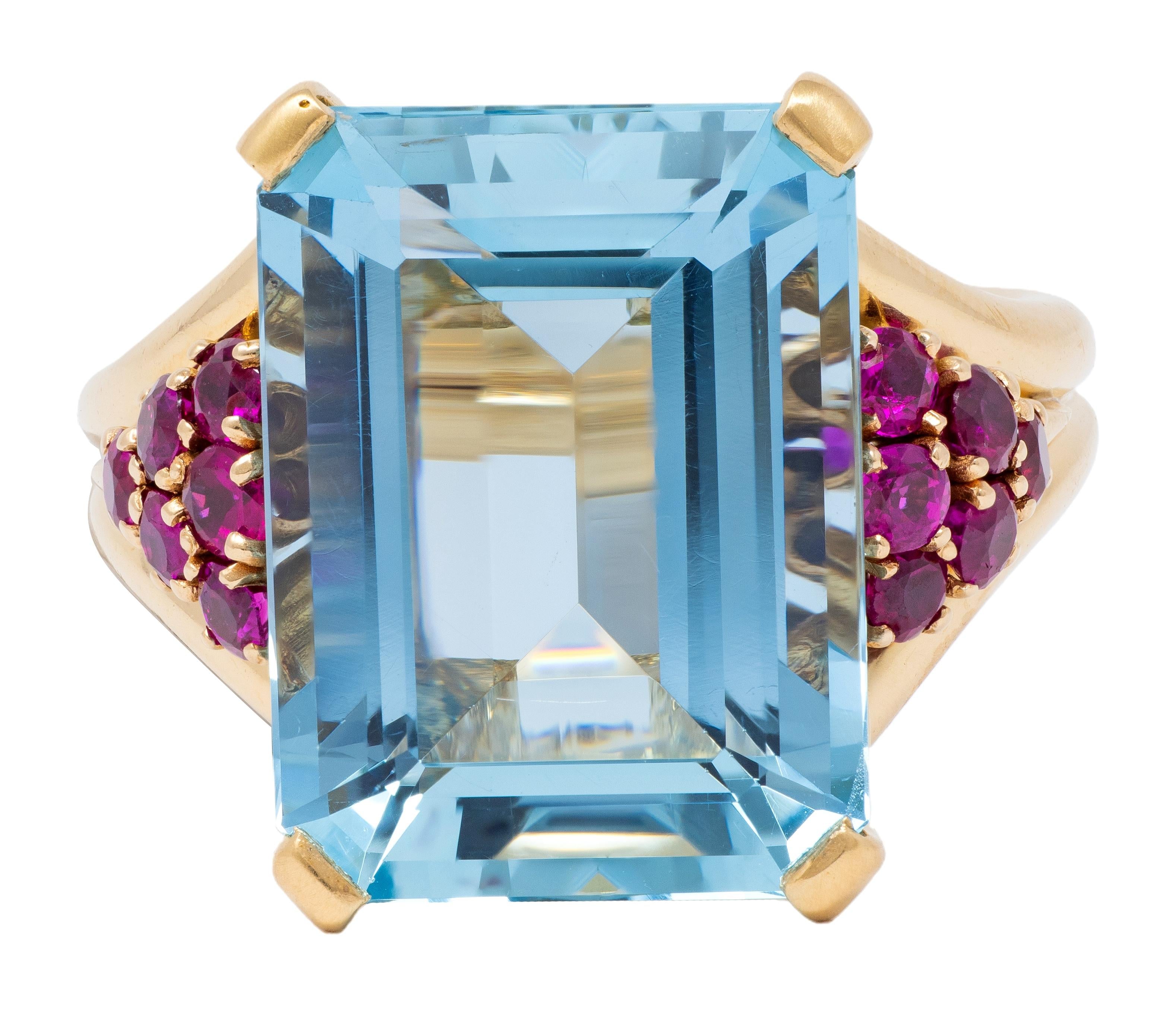 Tiffany & Co. 1940's Aquamarine Ruby 18 Karat Yellow Gold Vintage Cocktail Ring