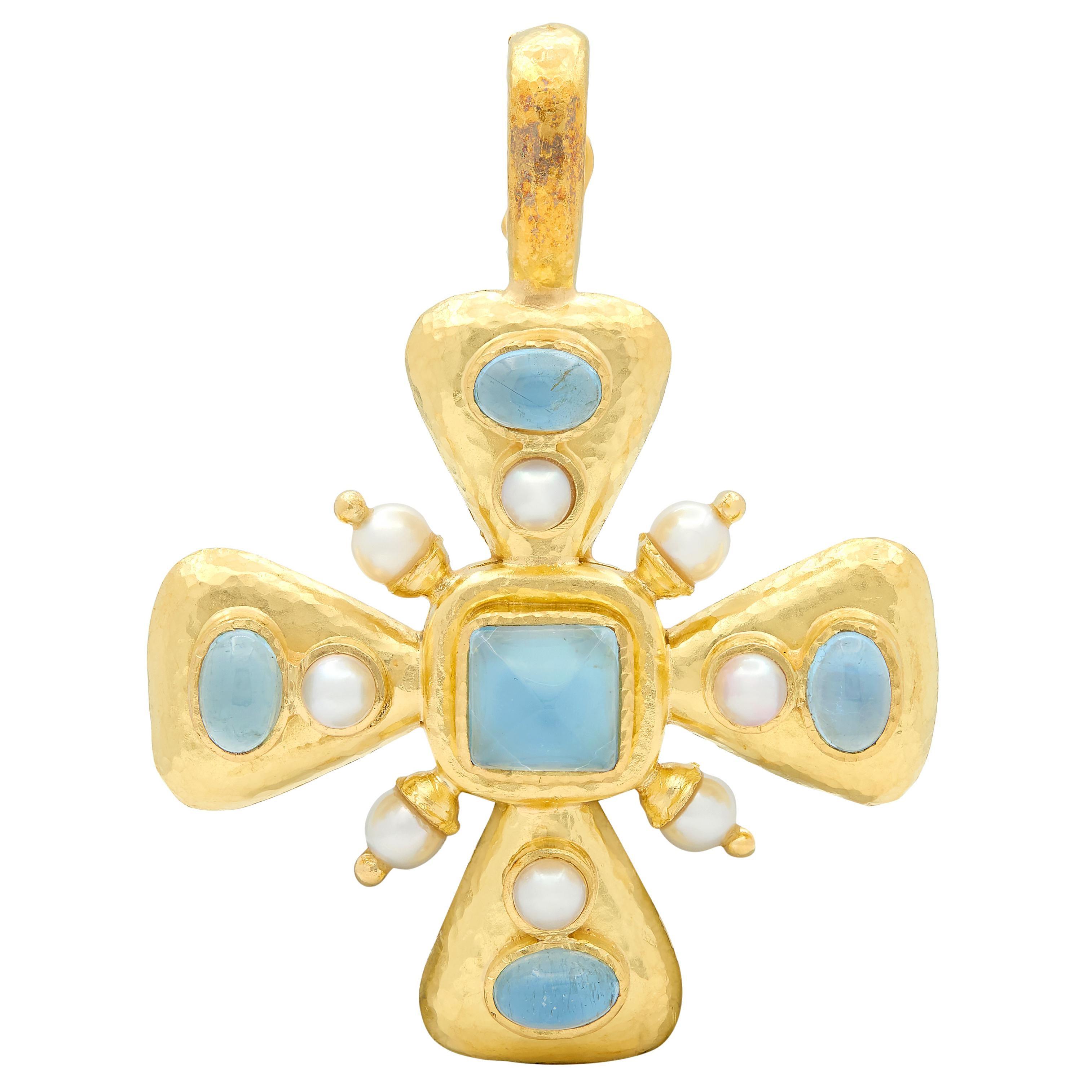 Elizabeth Locke 1990's Pearl Aquamarine 19K Gold Vintage Hammered Cross Pendant