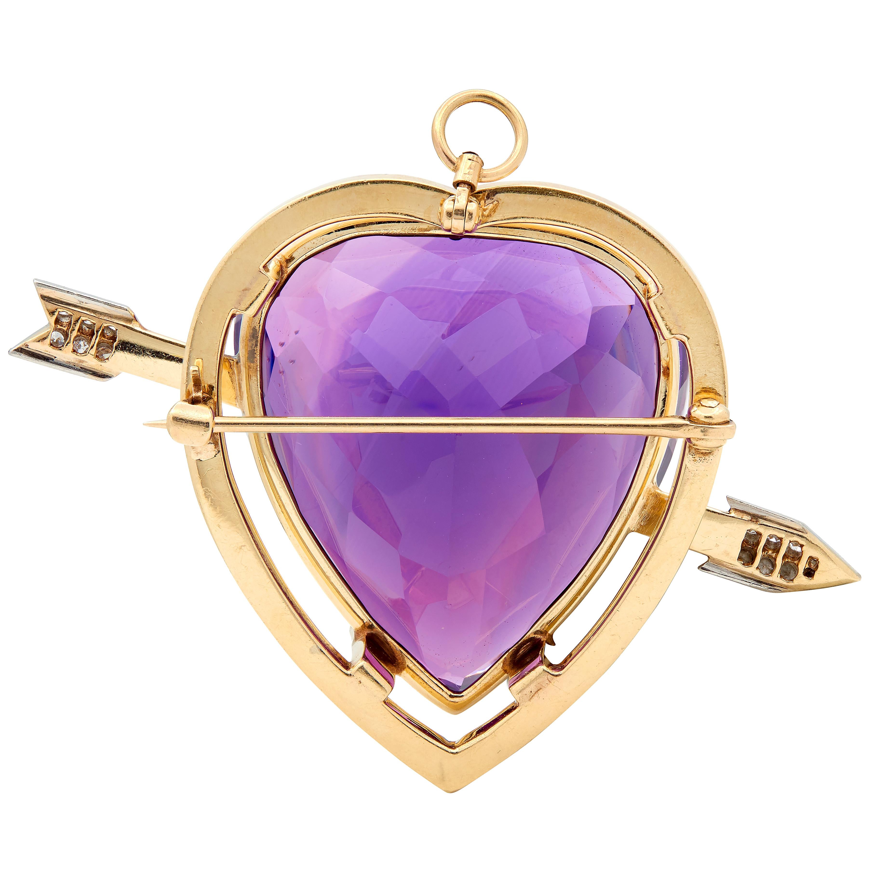 Victorian Amethyst Diamond 14 Karat Gold Antique Arrow & Heart Pendant Brooch