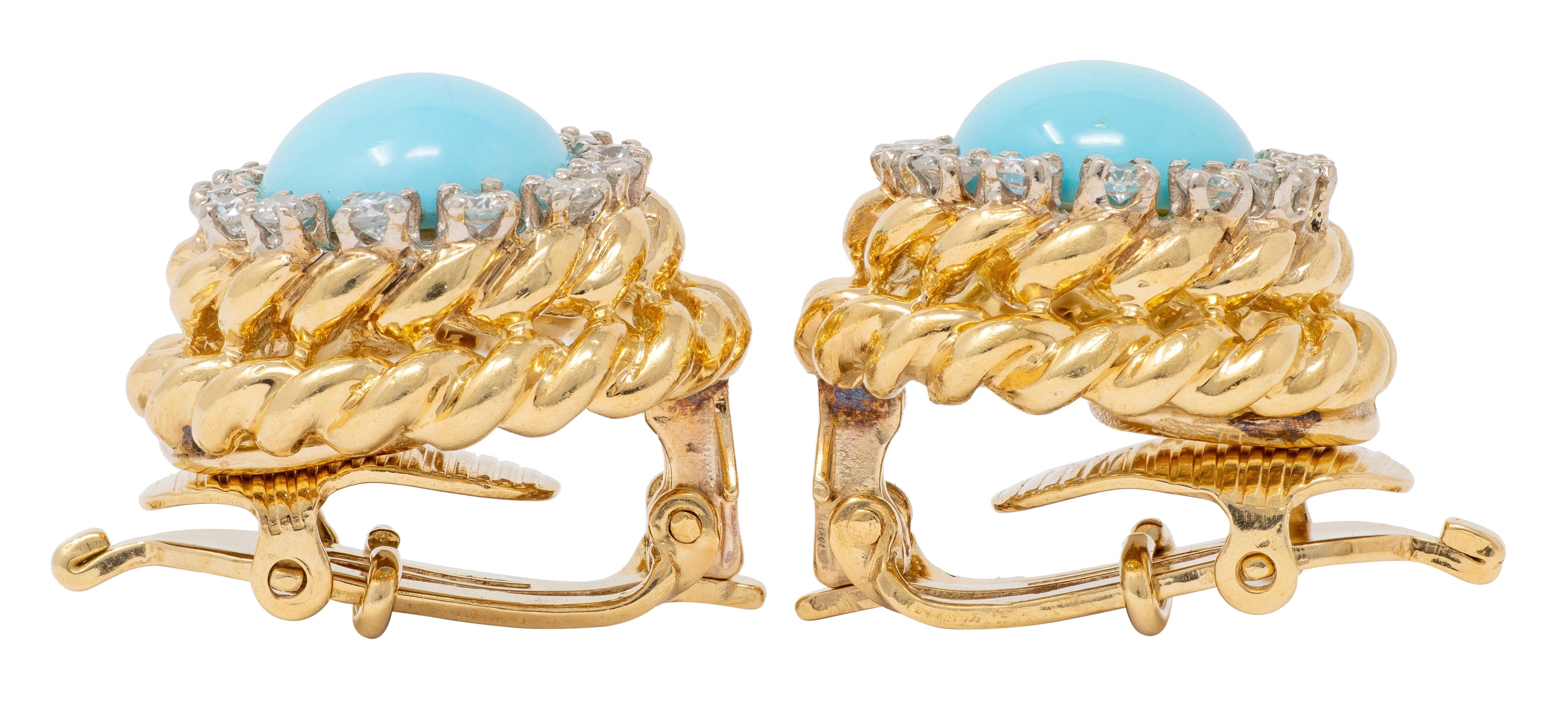 Tiffany & Co. 1960s Turquoise Diamond 18K Gold Vintage Twisted Ear-Clip Earrings
