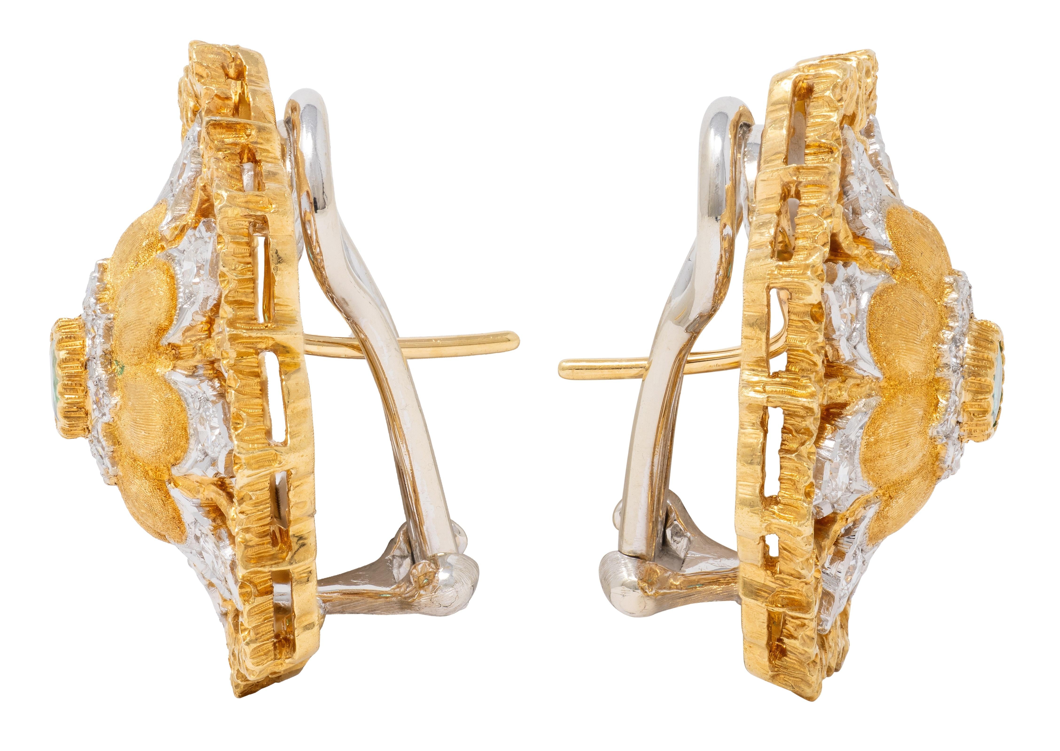 Buccellati 1960's Emerald Diamond 18 Karat Two-Tone Gold Vintage Floral Earrings
