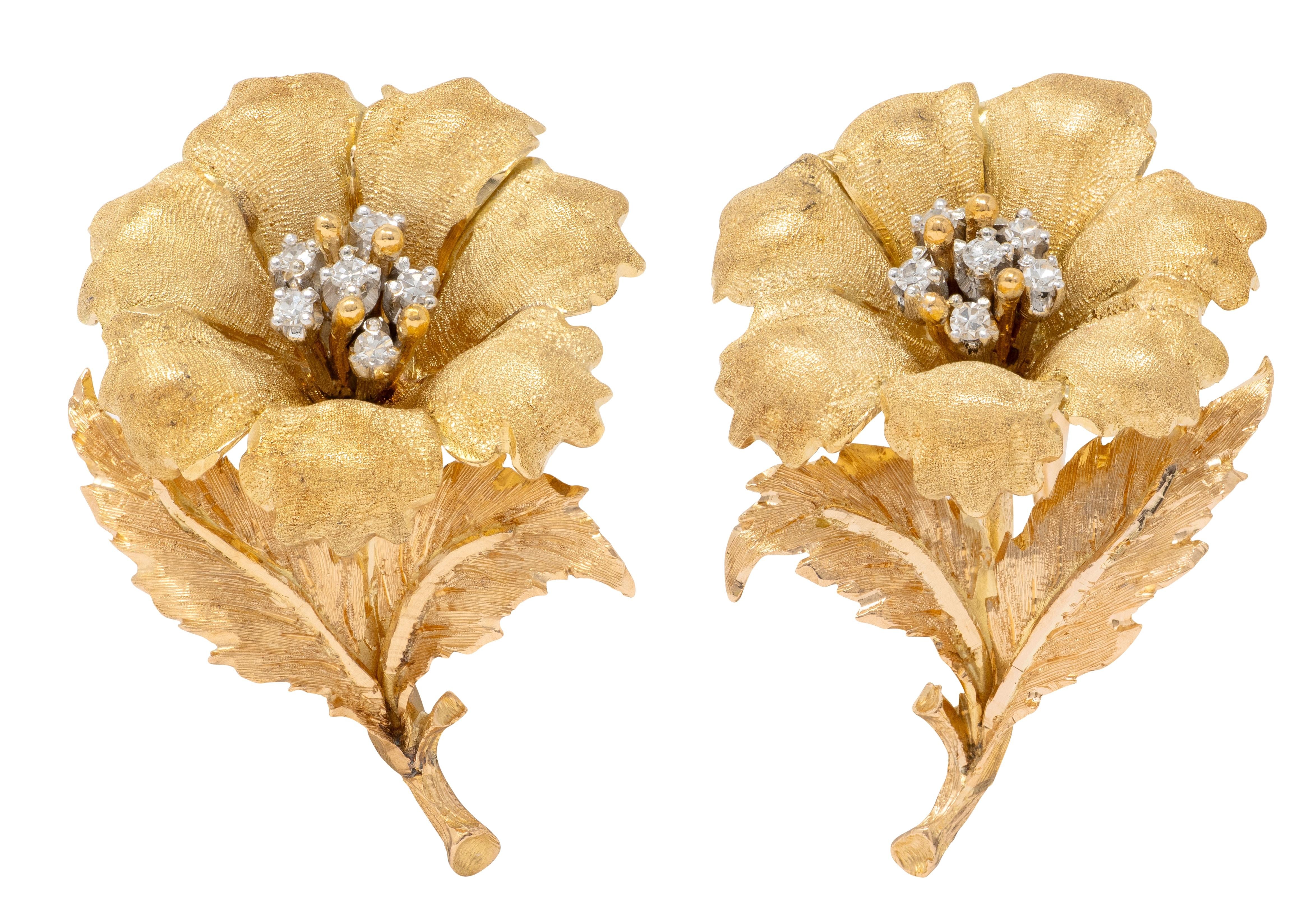 Buccellati 1970's Diamond 18K Tri-Colored Gold Vintage Flower Ear-Clip Earrings