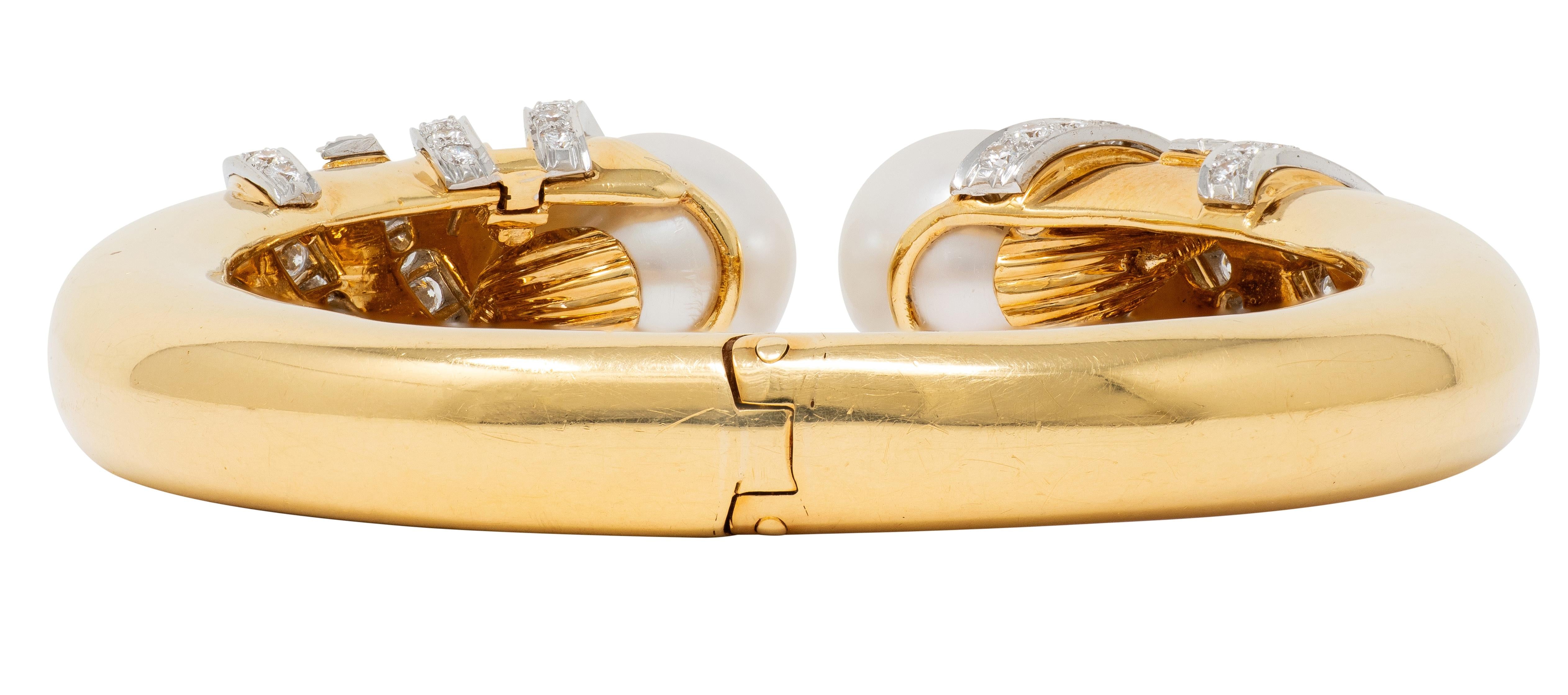 David Webb 1970's Diamond Pearl 18K Gold Platinum Vintage Swirl Cuff Bracelet
