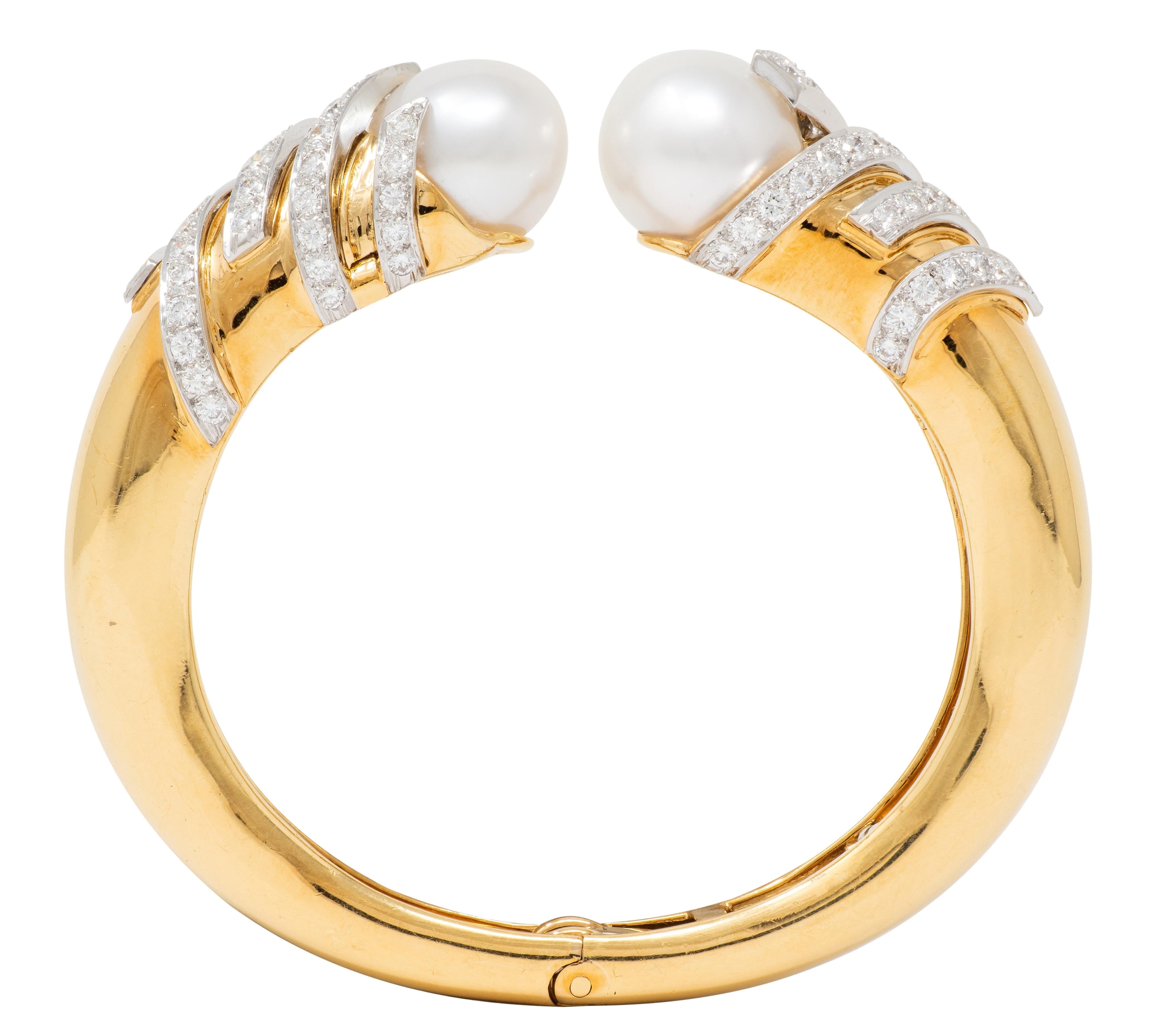 David Webb 1970's Diamond Pearl 18K Gold Platinum Vintage Swirl Cuff Bracelet