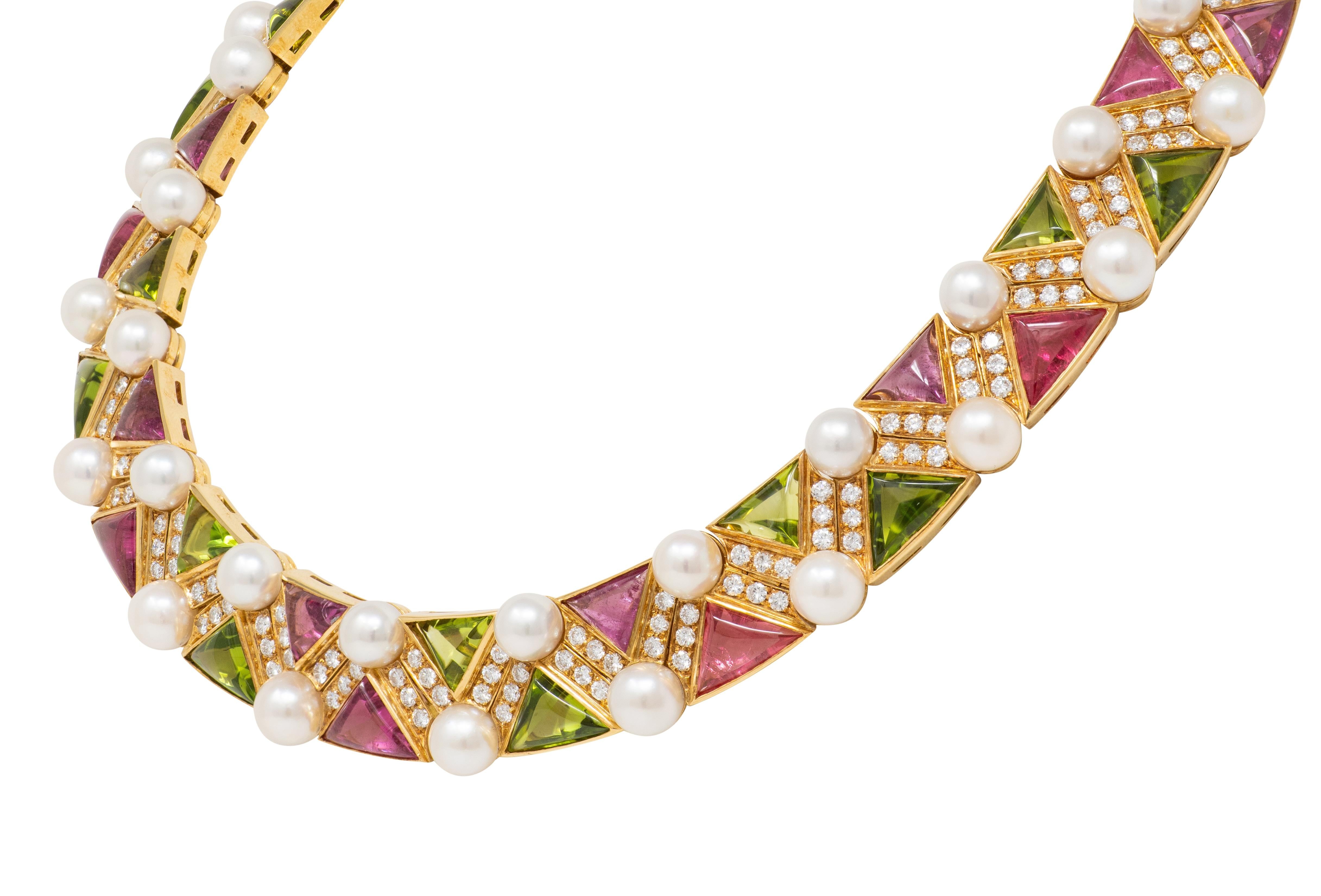 Bulgari 1989 Diamond Pearl Multi-Gem 18K Gold Vintage Geometric Collar Necklace