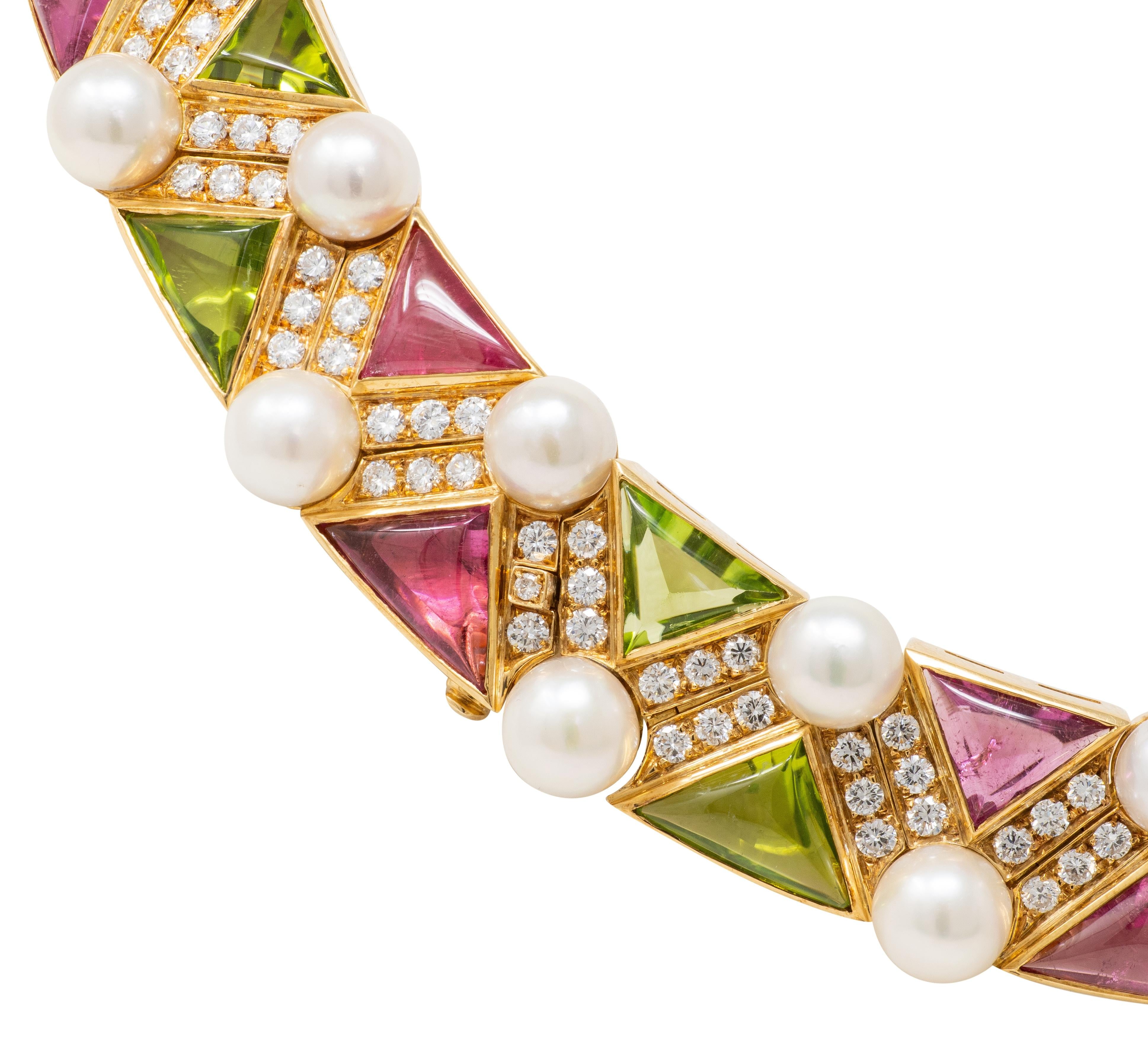 Bulgari 1989 Diamond Pearl Multi-Gem 18K Gold Vintage Geometric Collar Necklace