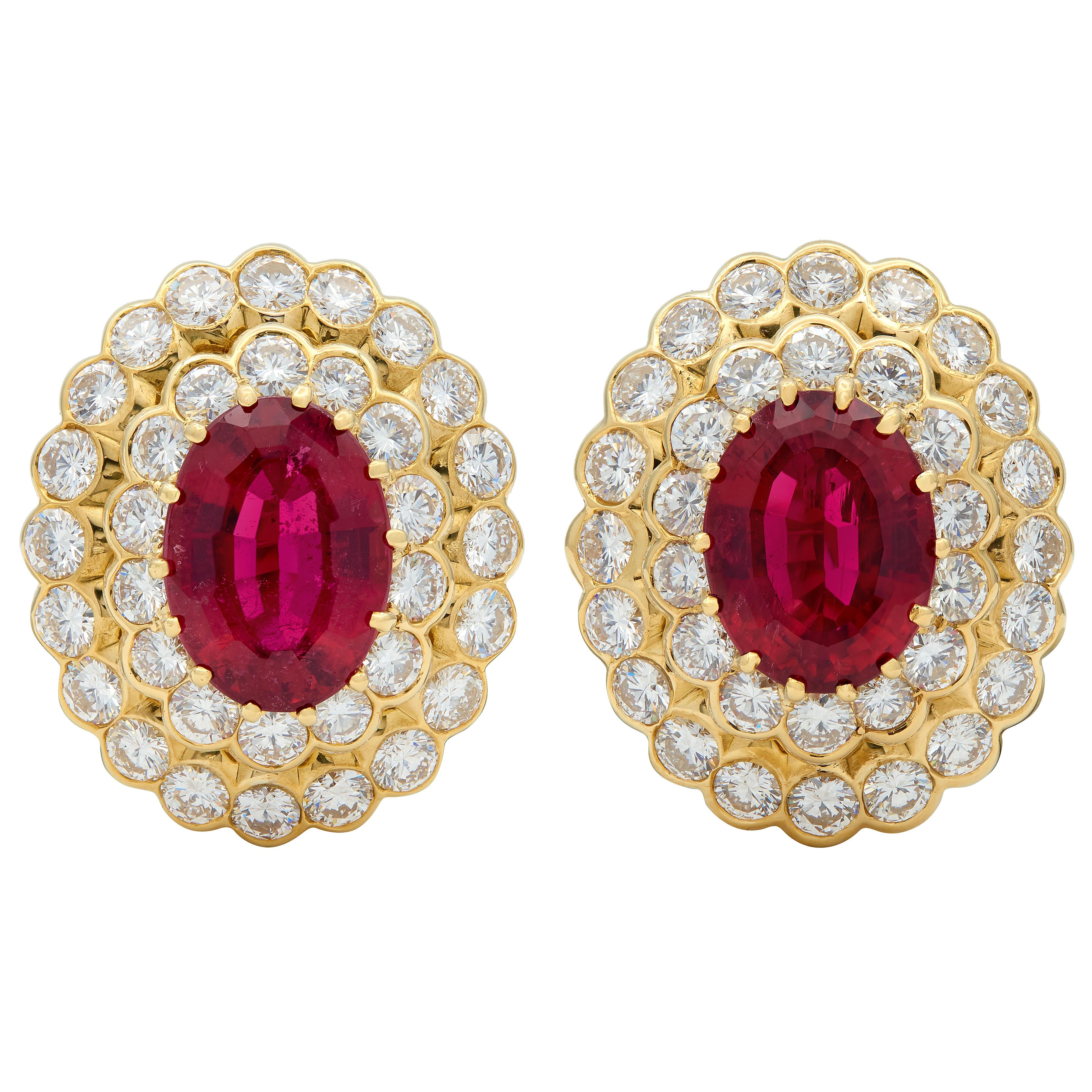 Van Cleef & Arpels 1980 Rubellite 18K Gold Vintage Double Halo Ear-Clip Earrings