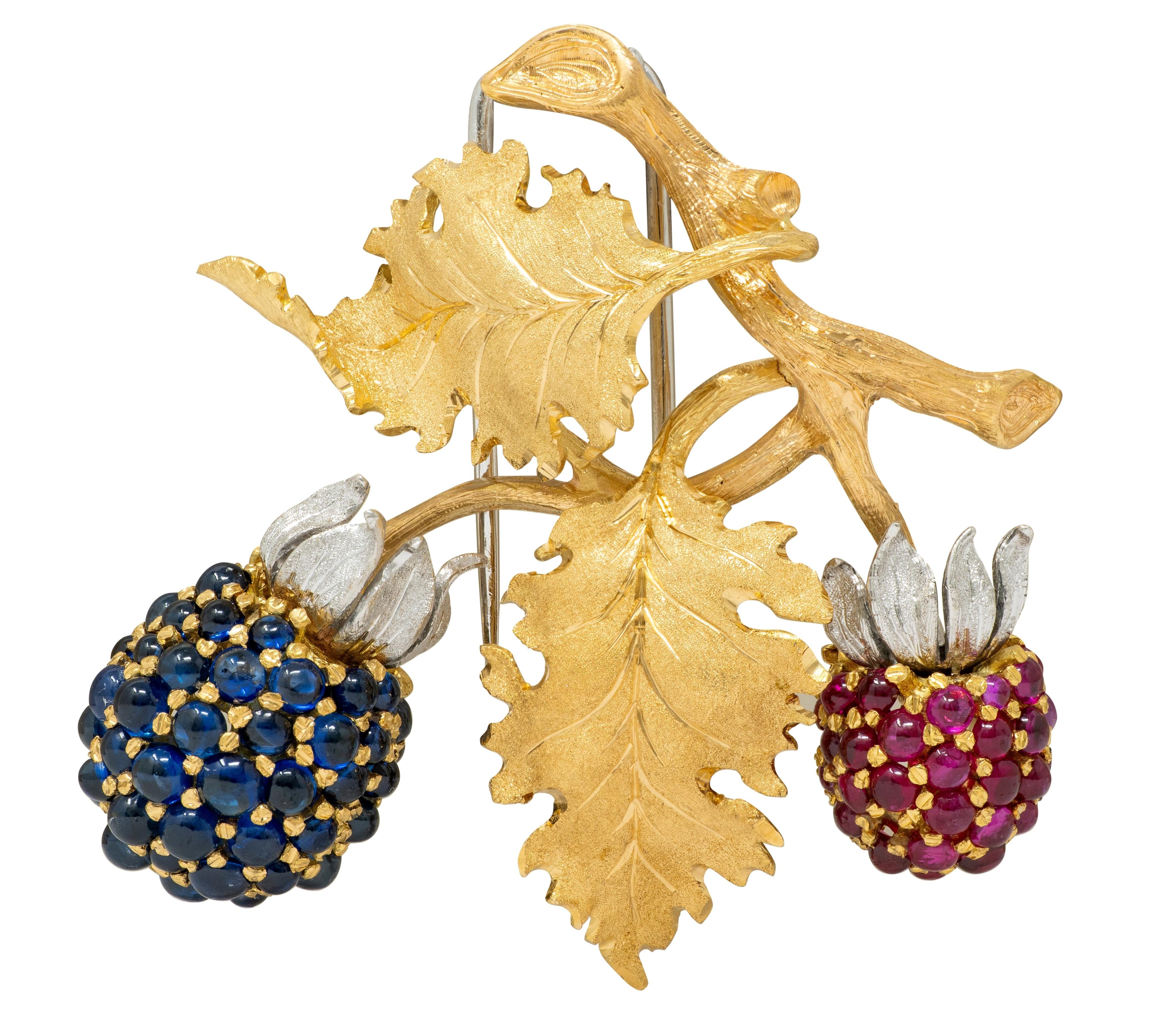 Gianmaria Buccellati 1960's Ruby Sapphire 18 Karat Gold Vintage Berry Brooch