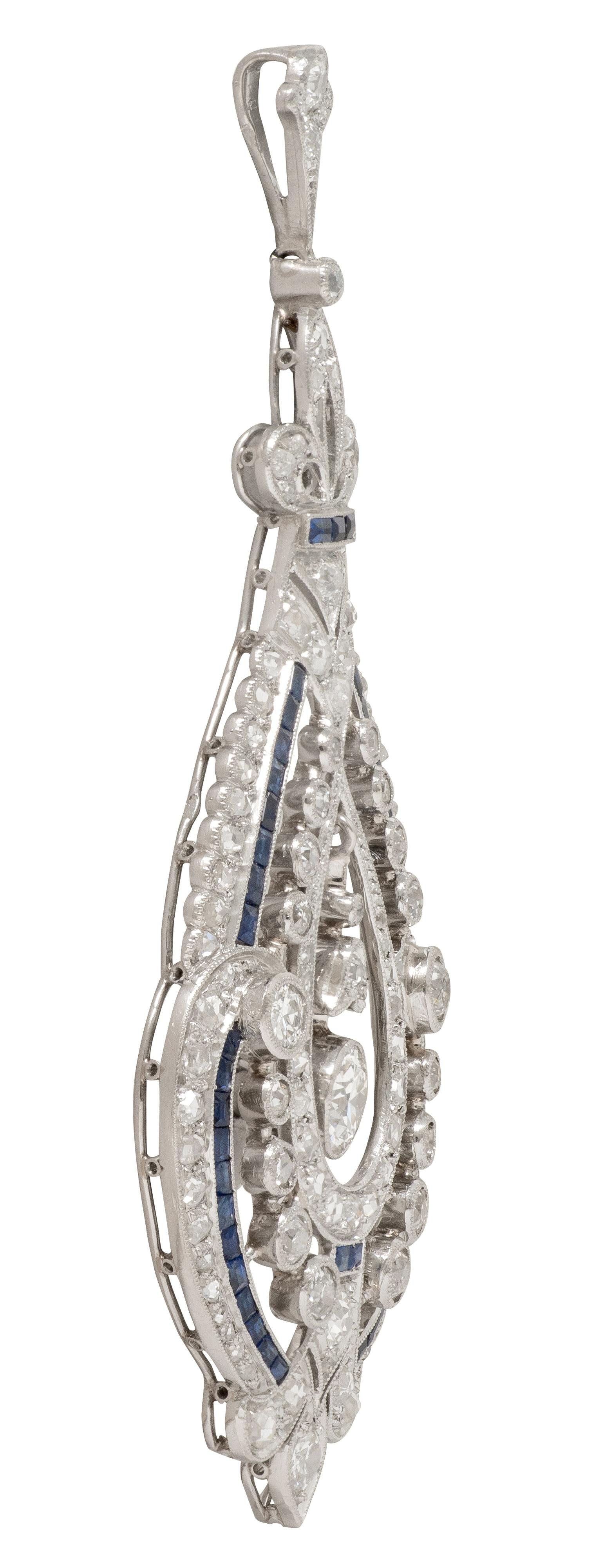 Art Deco French 3.80 CTW Diamond Sapphire Platinum Vintage Fleur-De-Lis Pendant