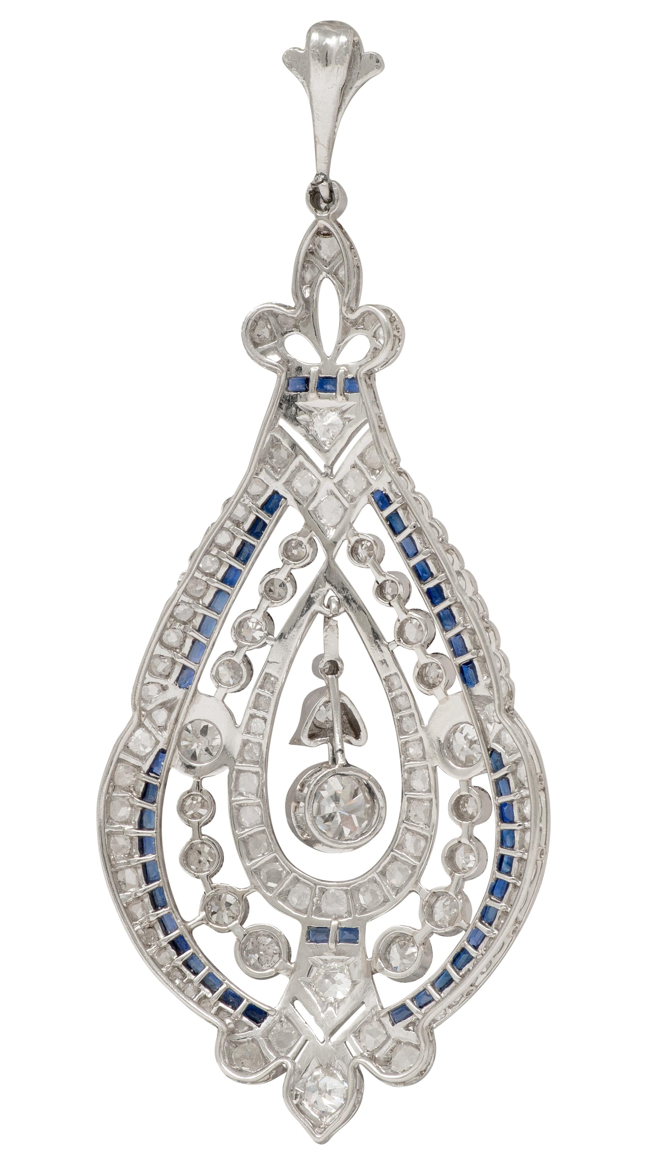 Art Deco French 3.80 CTW Diamond Sapphire Platinum Vintage Fleur-De-Lis Pendant