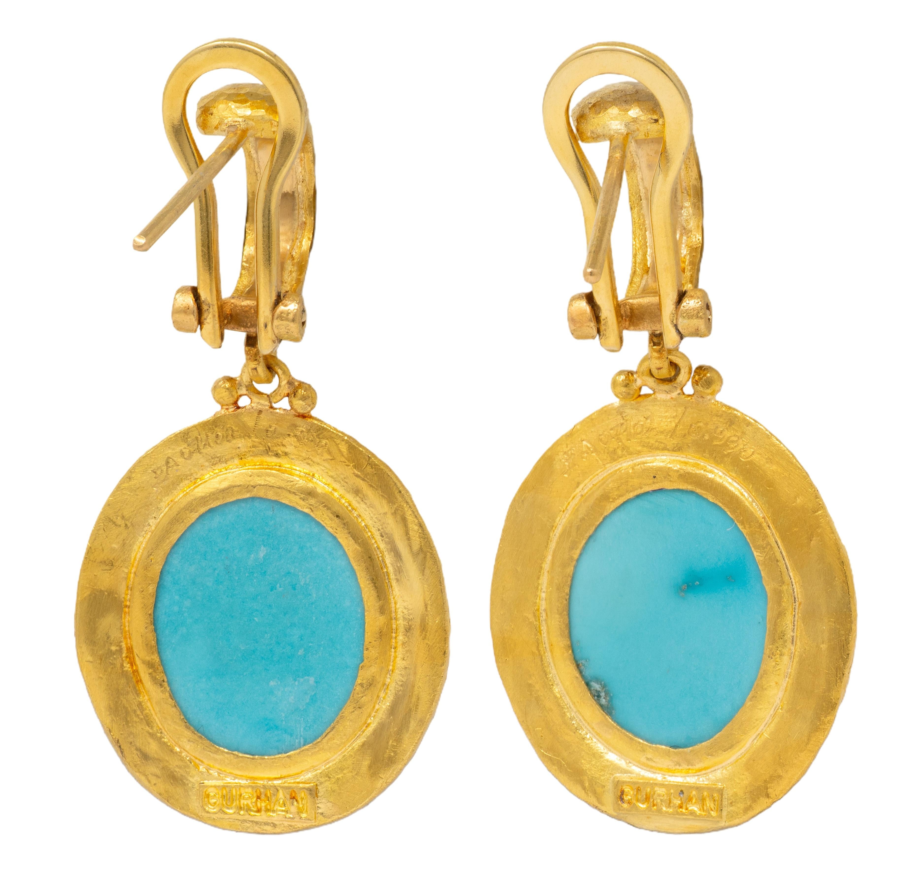 Gurhan 2000's Turquoise 22 Karat Yellow Gold Hammered Gemstone Drop Earrings