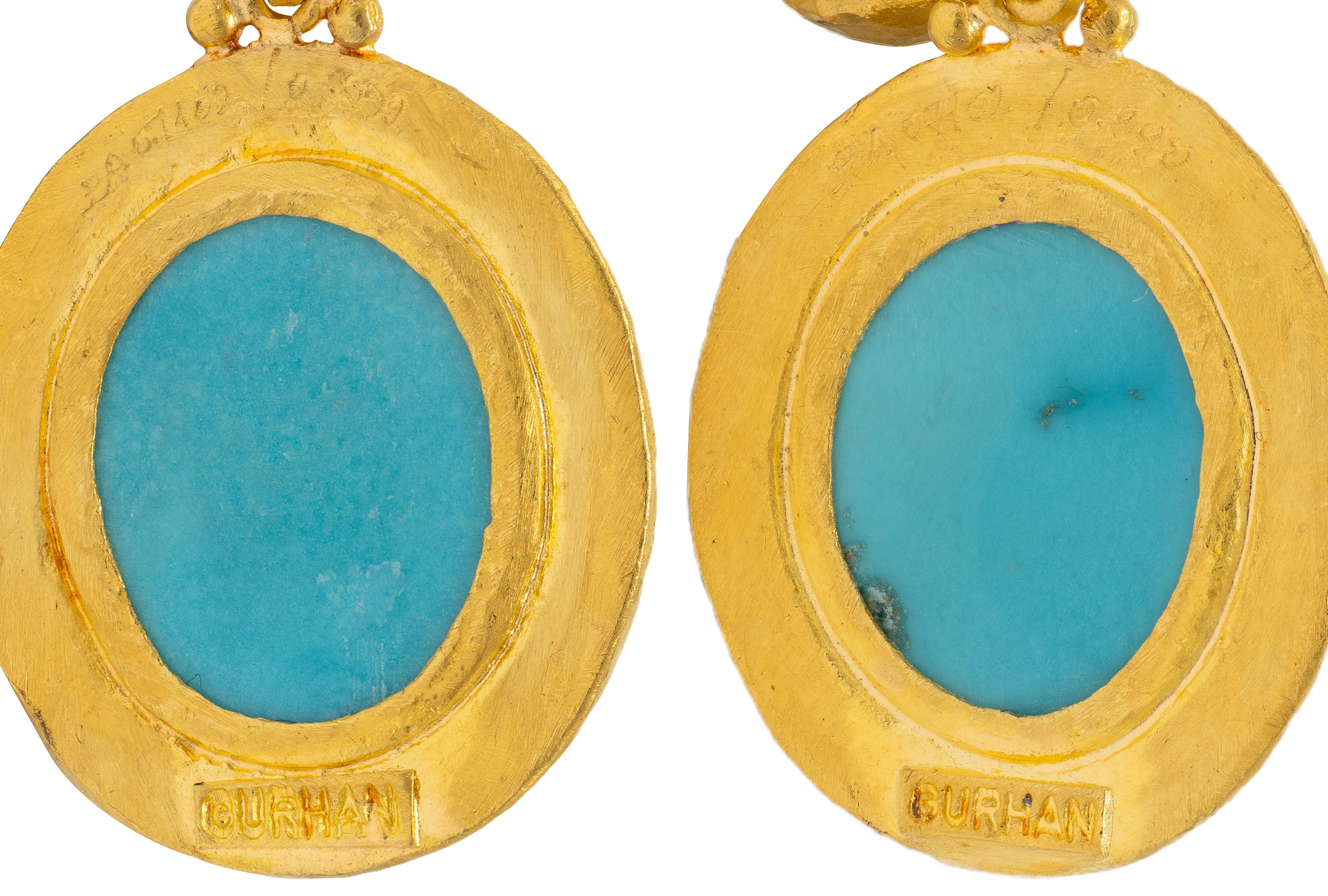 Gurhan 2000's Turquoise 22 Karat Yellow Gold Hammered Gemstone Drop Earrings