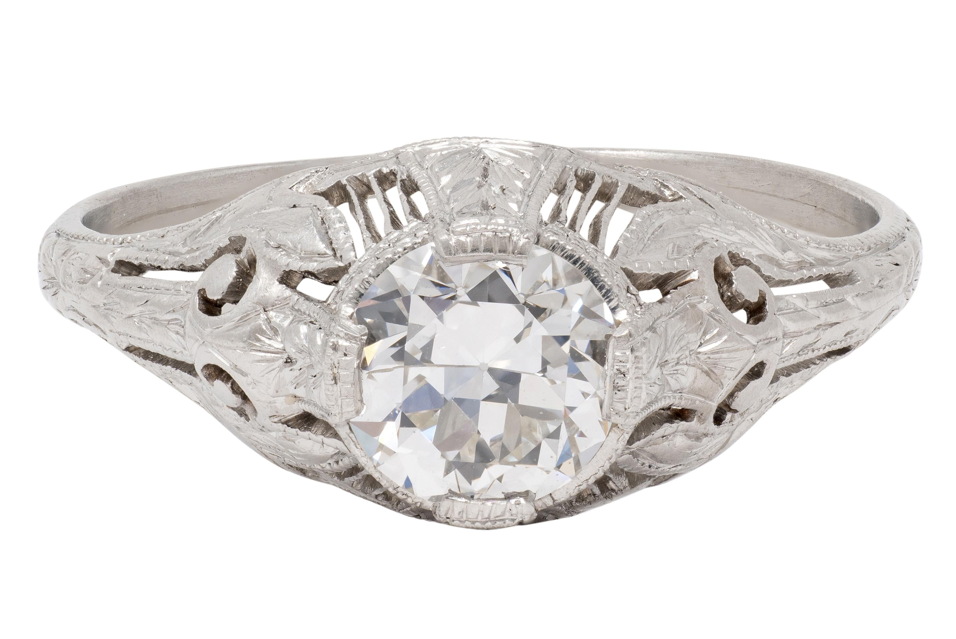 Art Deco Old European Diamond Platinum Vintage Scrolling Wheat Engagement Ring