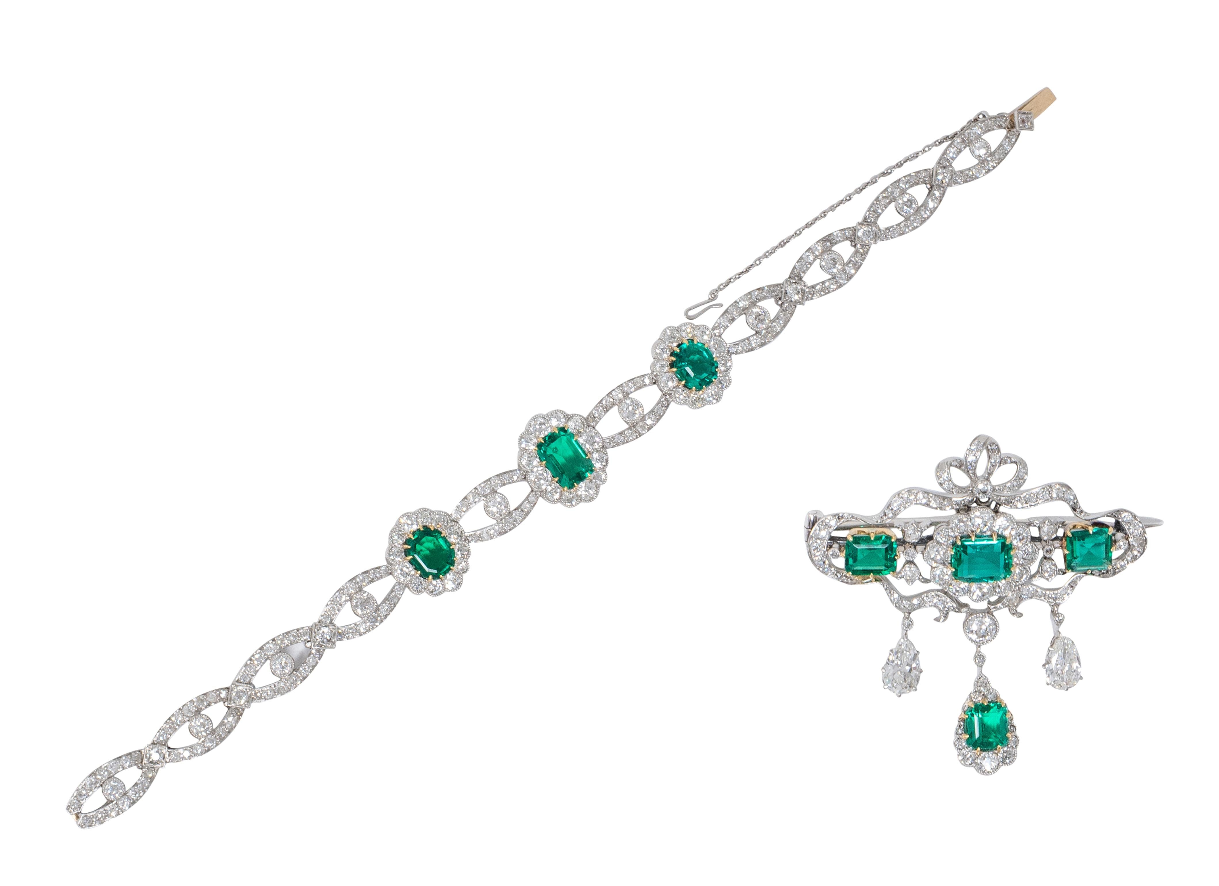 Carrington & Co. 1910 Emerald Diamond 18K Gold Platinum Antique Bow Parure Set