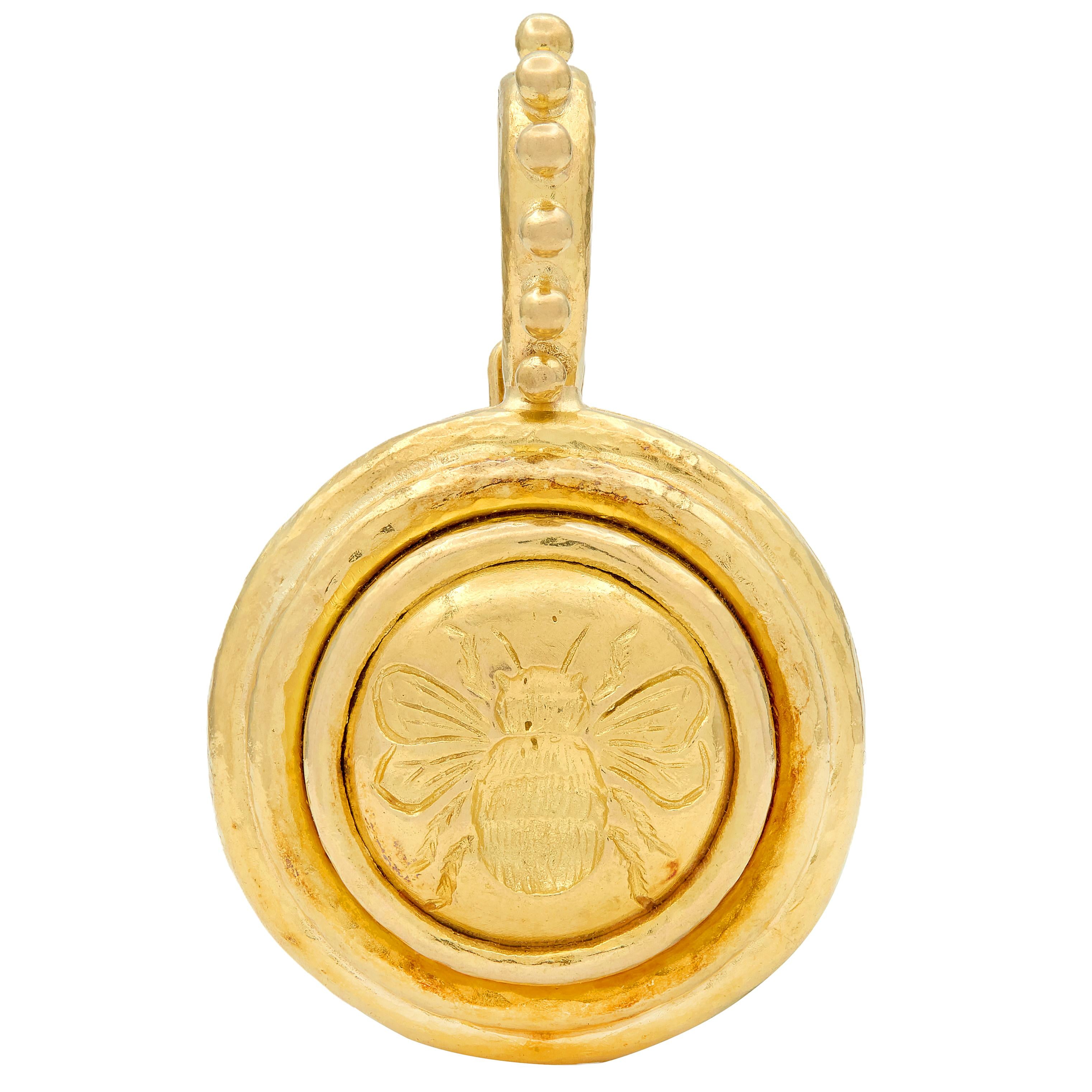 Elizabeth Locke 2000's 19 Karat Yellow Gold Contemporary Hammered Bee Pendant