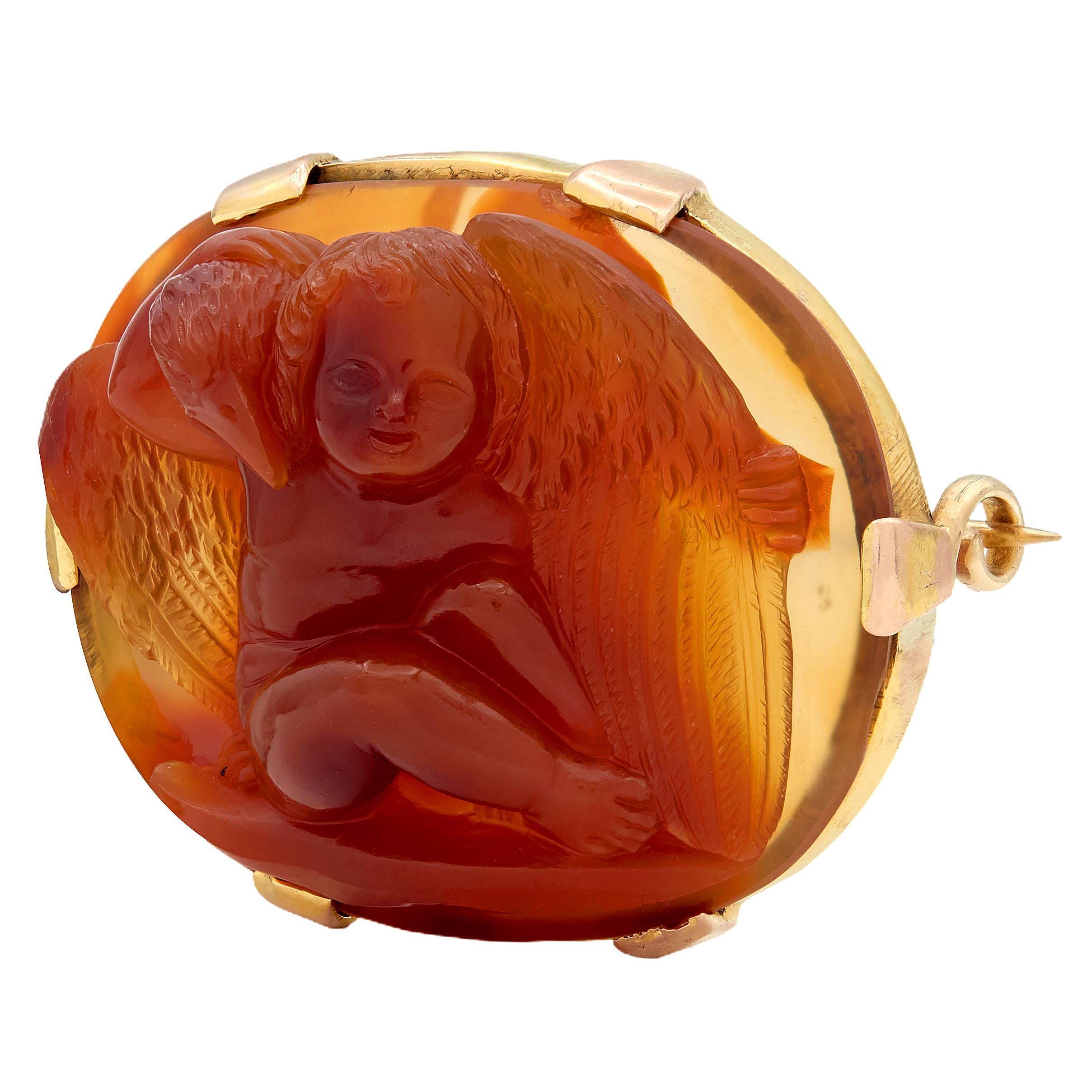 Victorian Red Agate 14 Karat Two-Tone Gold Antique Greek Myth Cameo Brooch