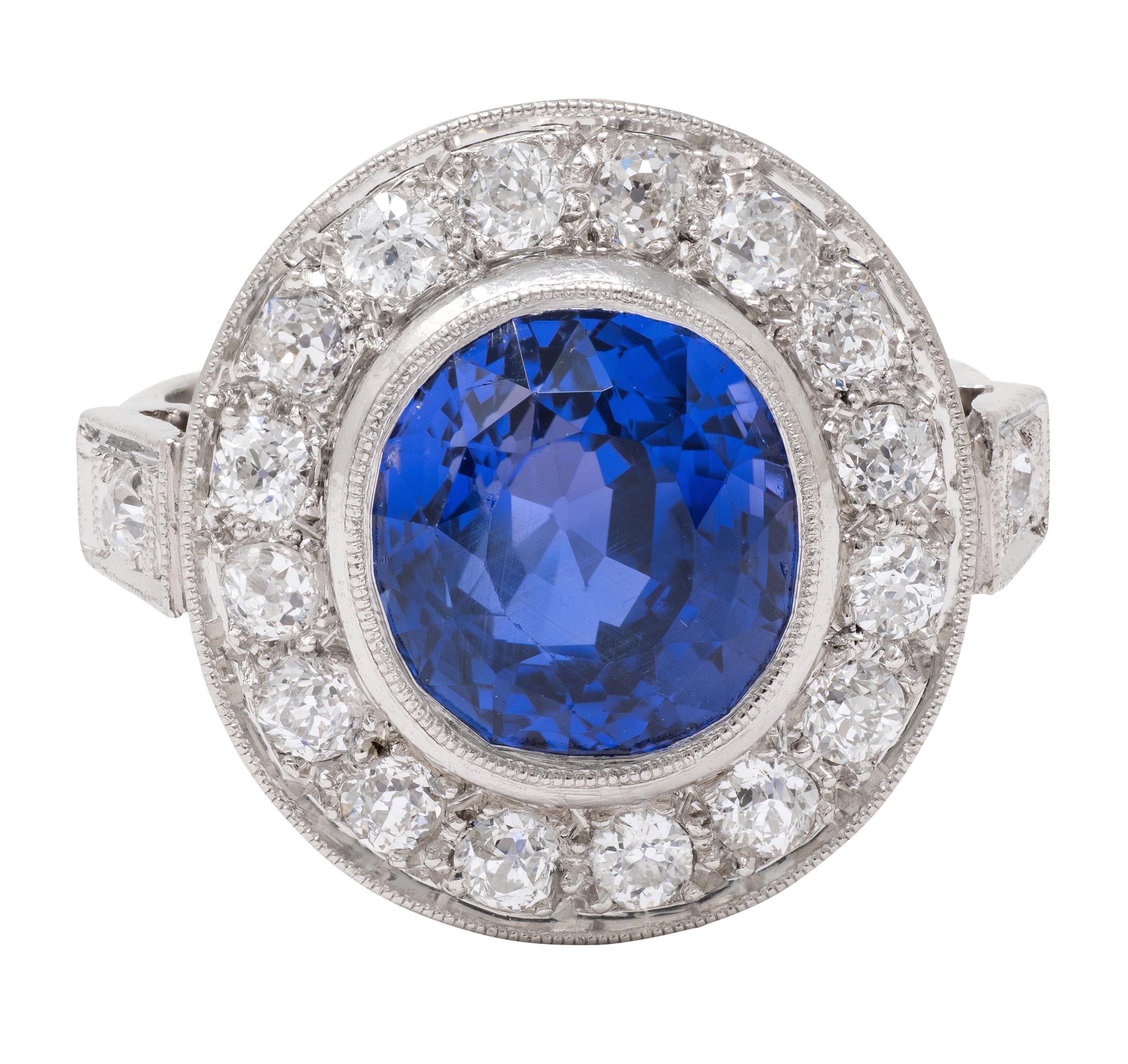 Art Deco 4.80 CTW No Heat Ceylon Sapphire Diamond Platinum Vintage Halo Ring GIA