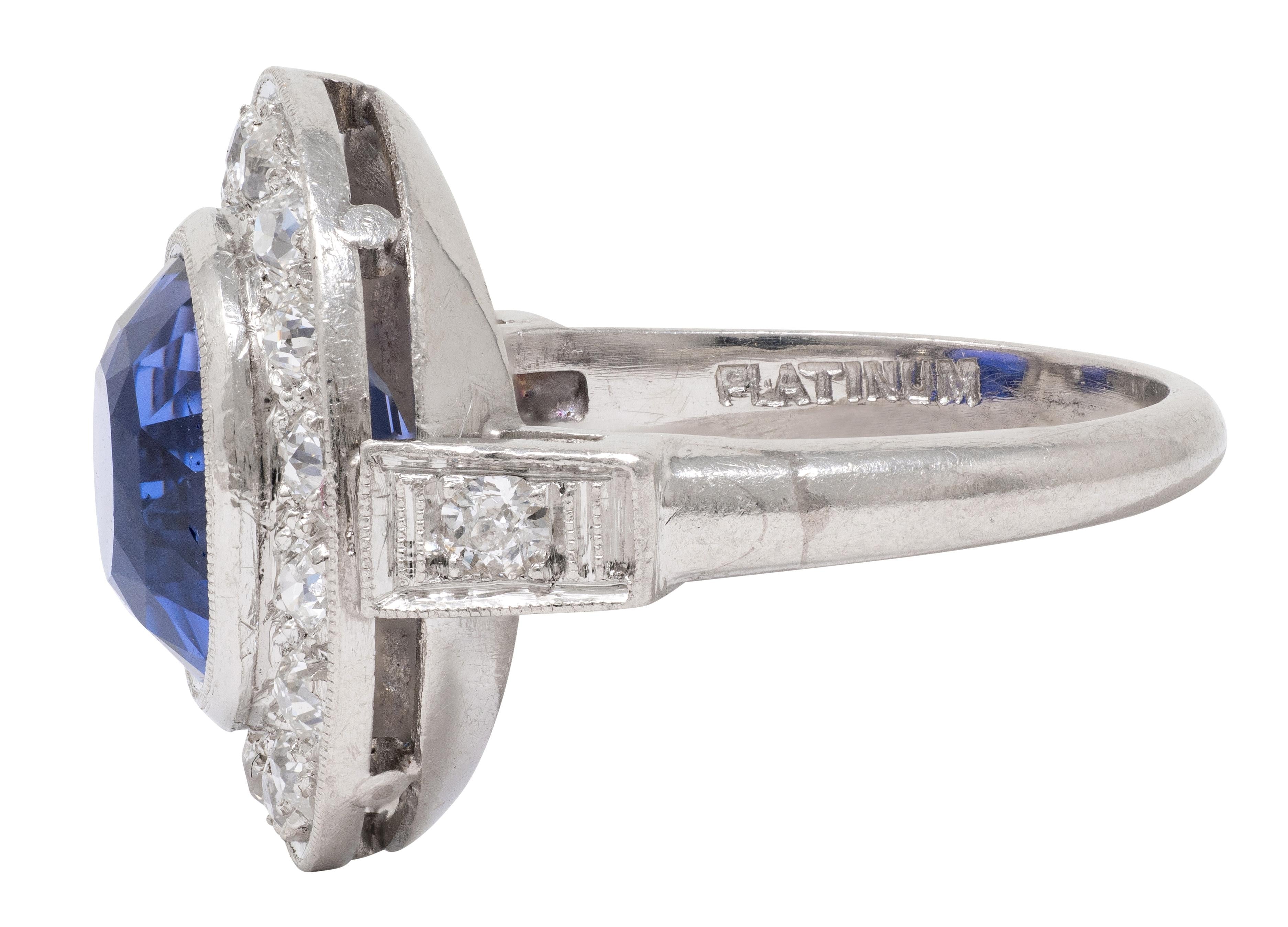 Art Deco 4.80 CTW No Heat Ceylon Sapphire Diamond Platinum Vintage Halo Ring GIA