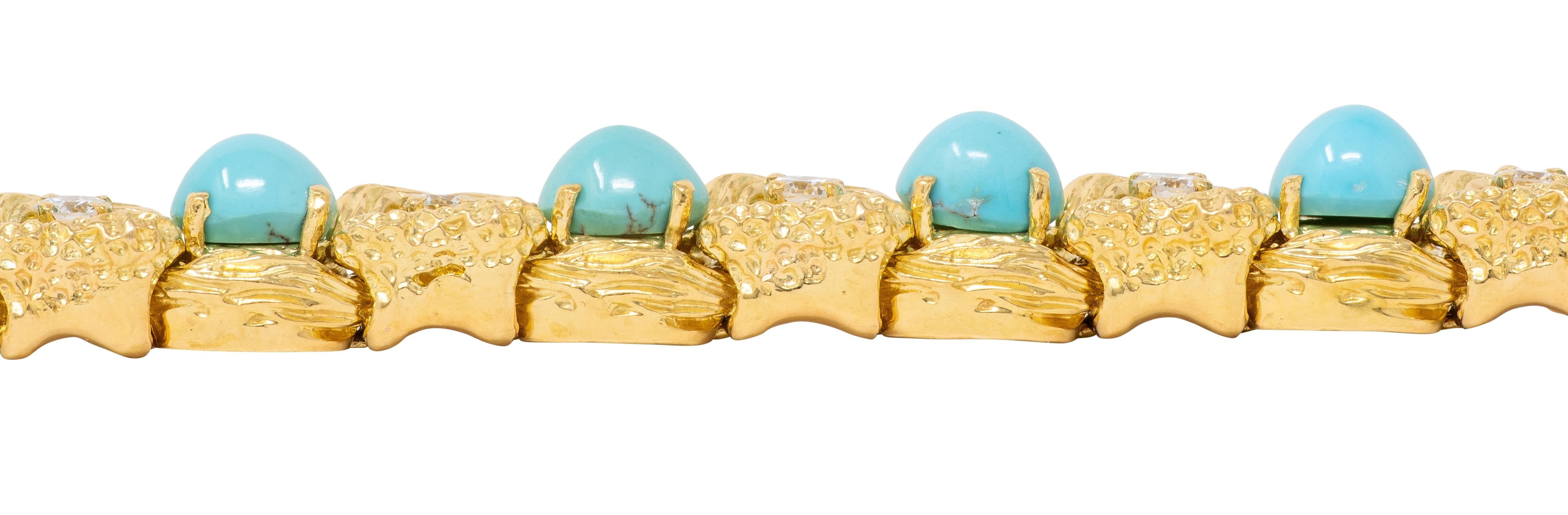 Vintage 1970's Diamond Turquoise 18 Karat Yellow Gold Link Bracelet