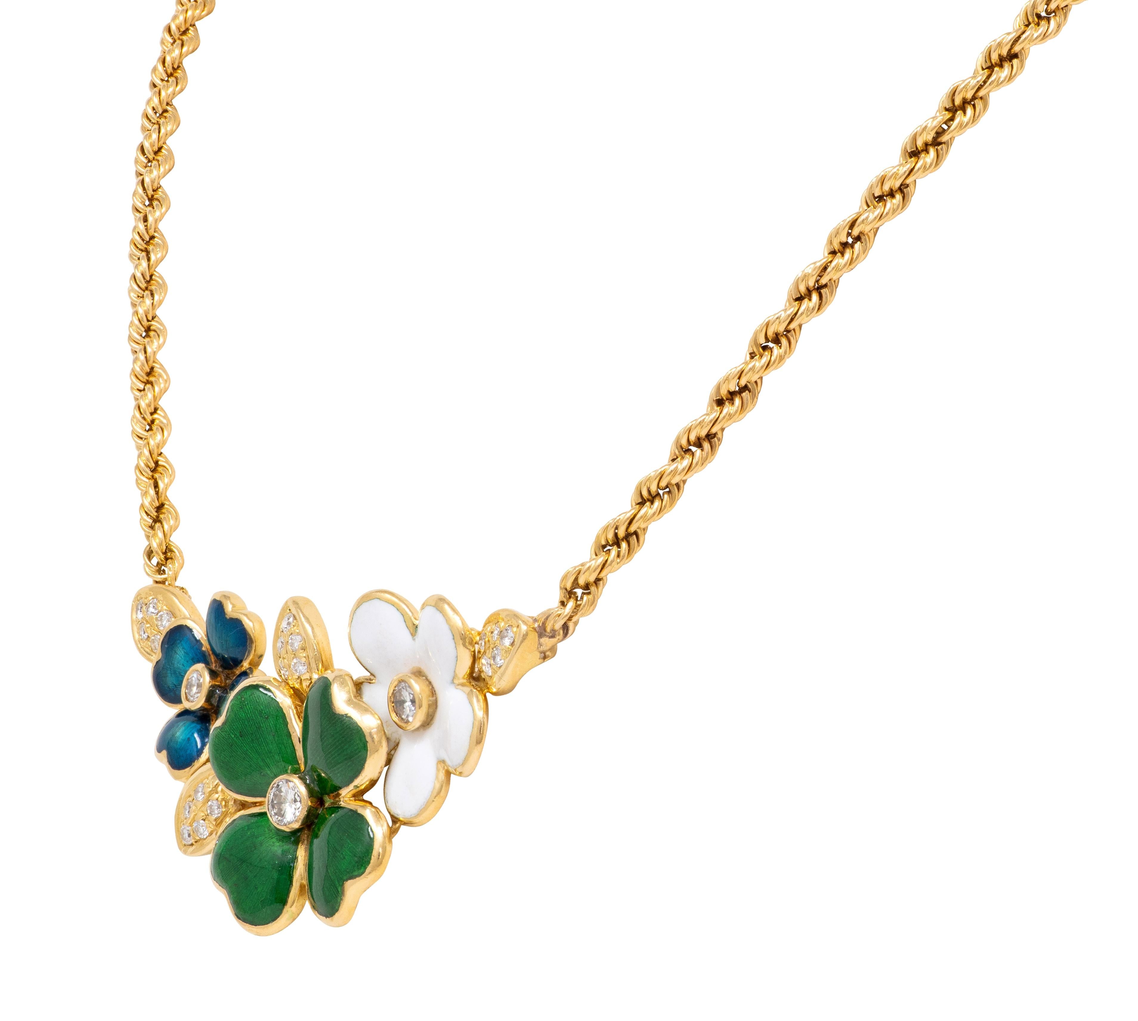 Boucheron Diamond Enamel 18 Karat Yellow Gold Vintage Floral Station Necklace