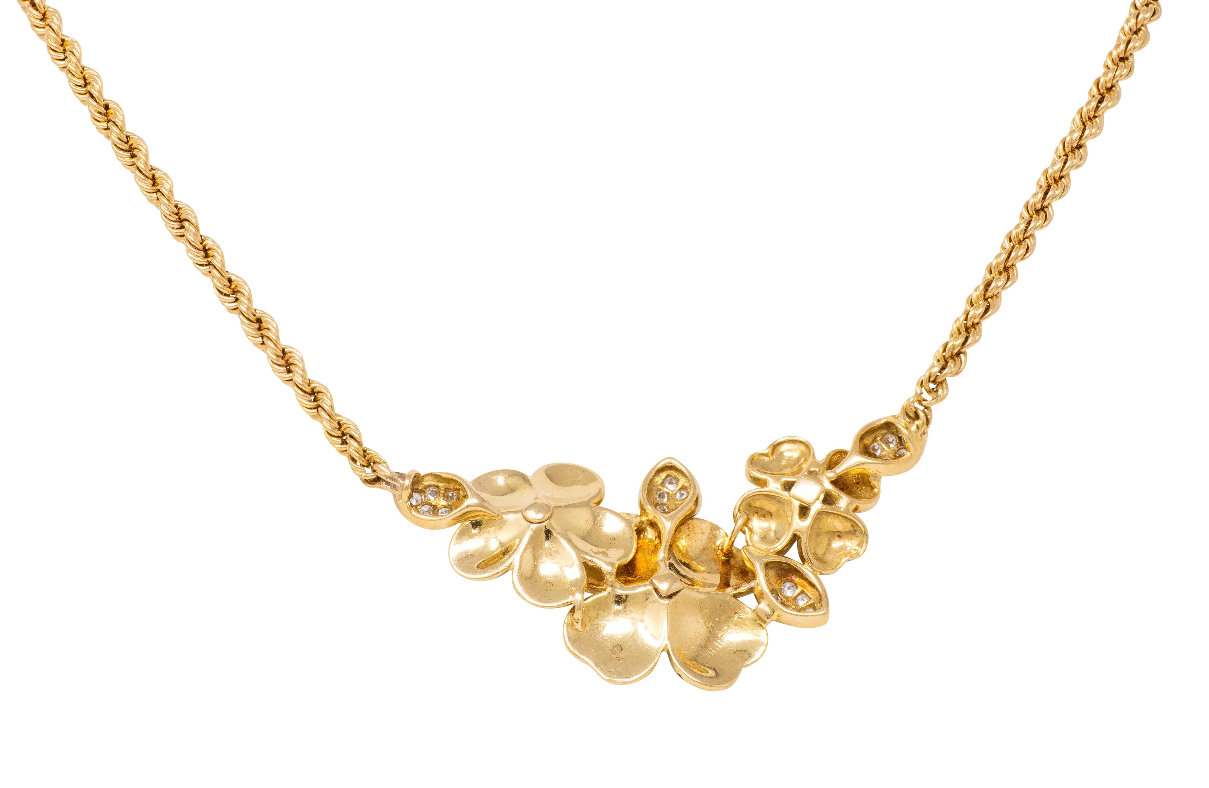 Boucheron Diamond Enamel 18 Karat Yellow Gold Vintage Floral Station Necklace